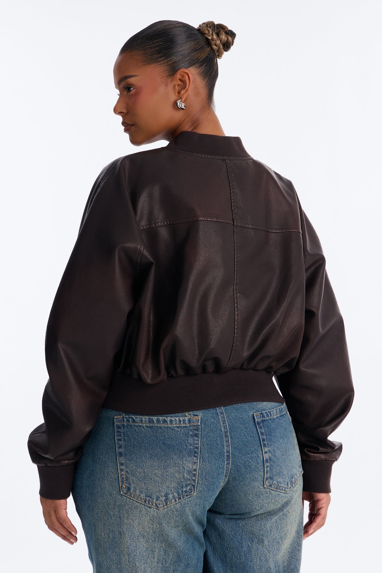 Reese Cropped Faux Leather Bomber Jacket - Chocolate image 4