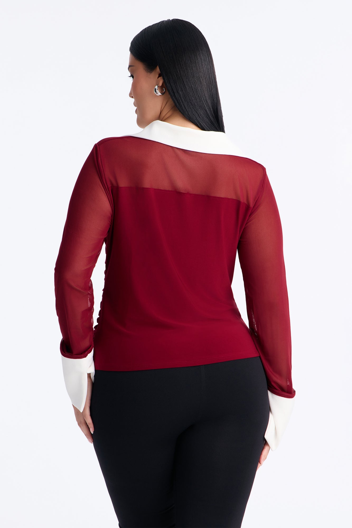 Strictly Yours Ruched Mesh Long Sleeve Shirt - Burgundy image 4