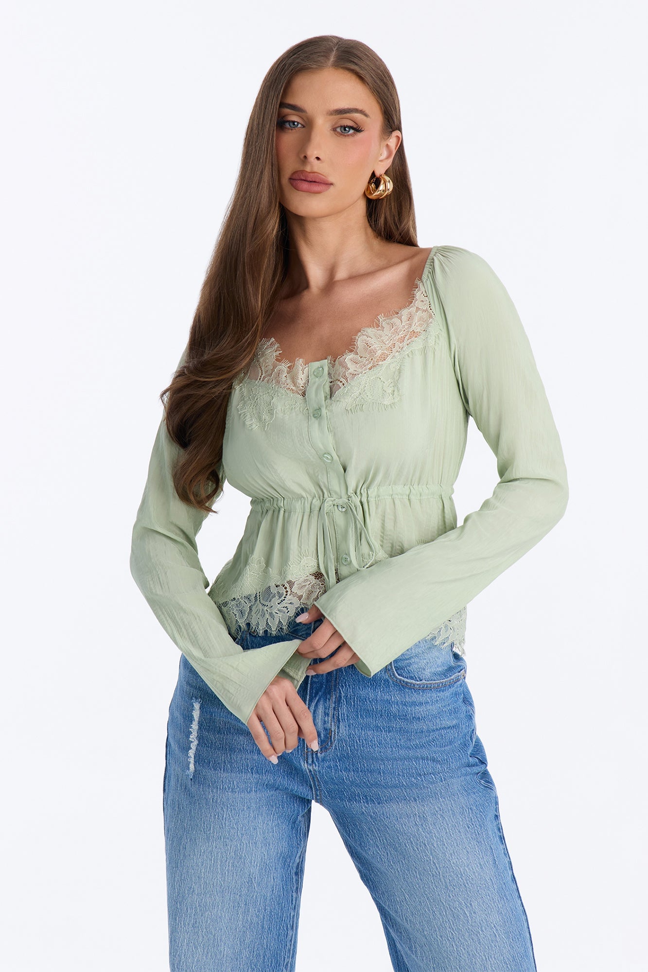 Nikola Lace Trim Button Up Blouse - Sage image 5