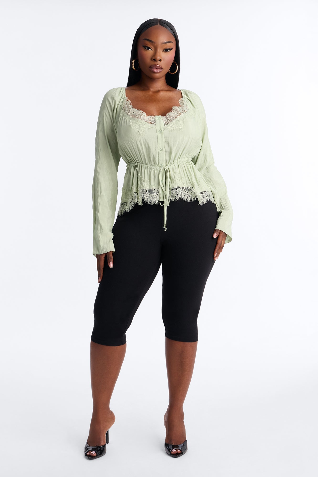 Nikola Lace Trim Button Up Blouse - Sage image 2