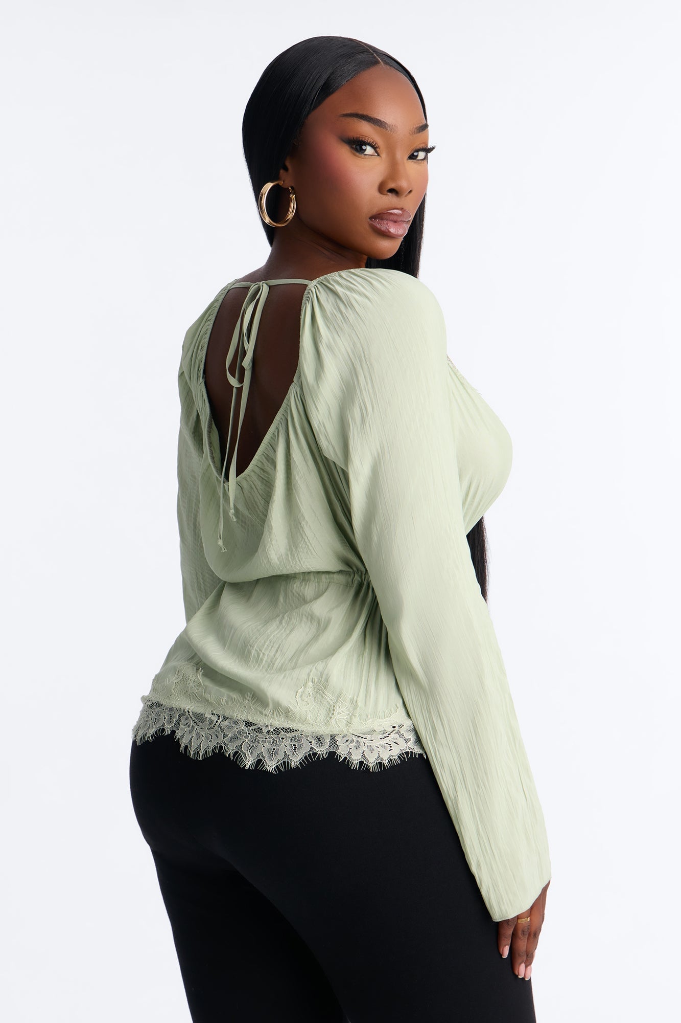Nikola Lace Trim Button Up Blouse - Sage image 3