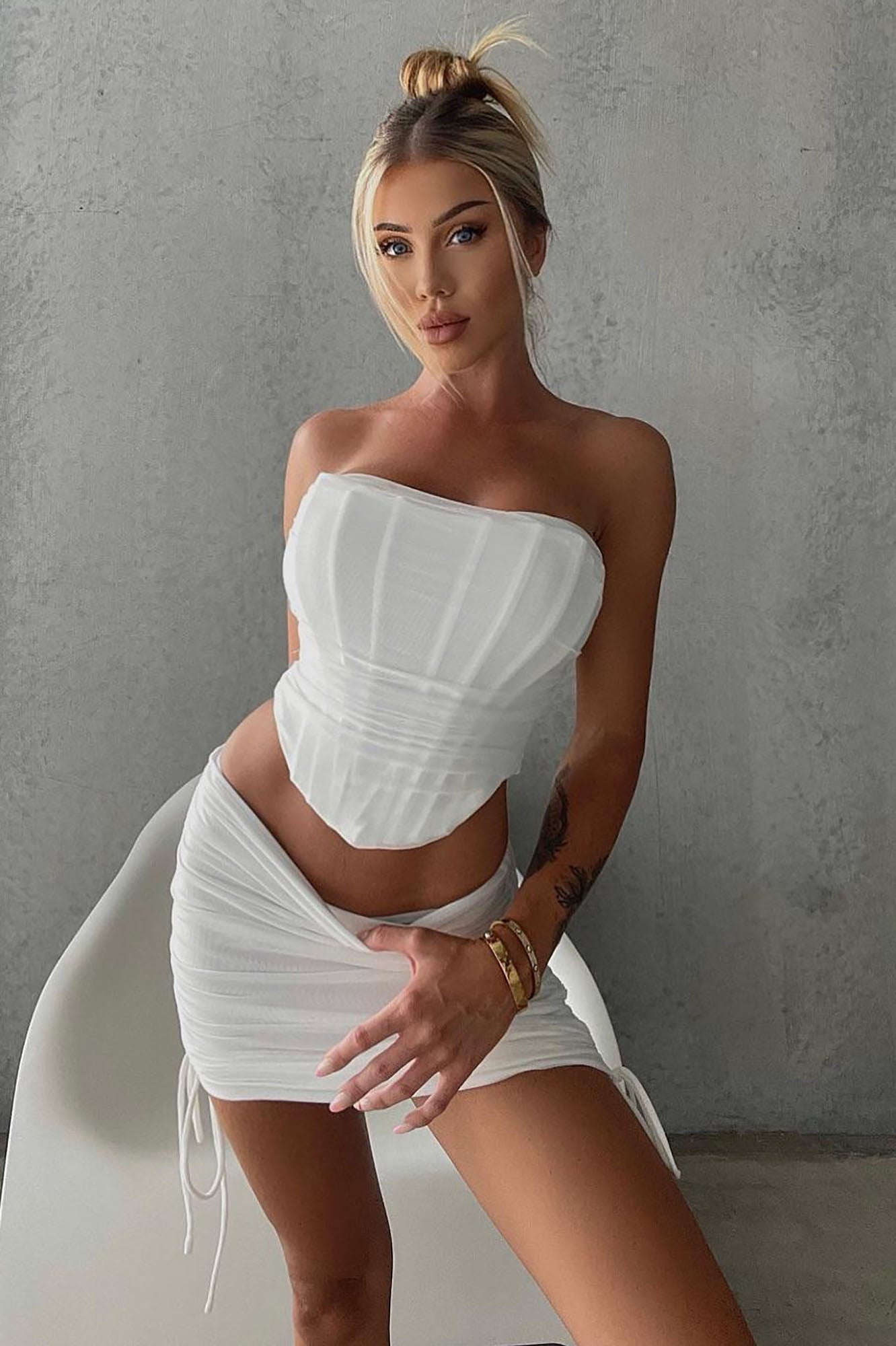 Bombshell Ruched Mini Skirt Set - White image 3