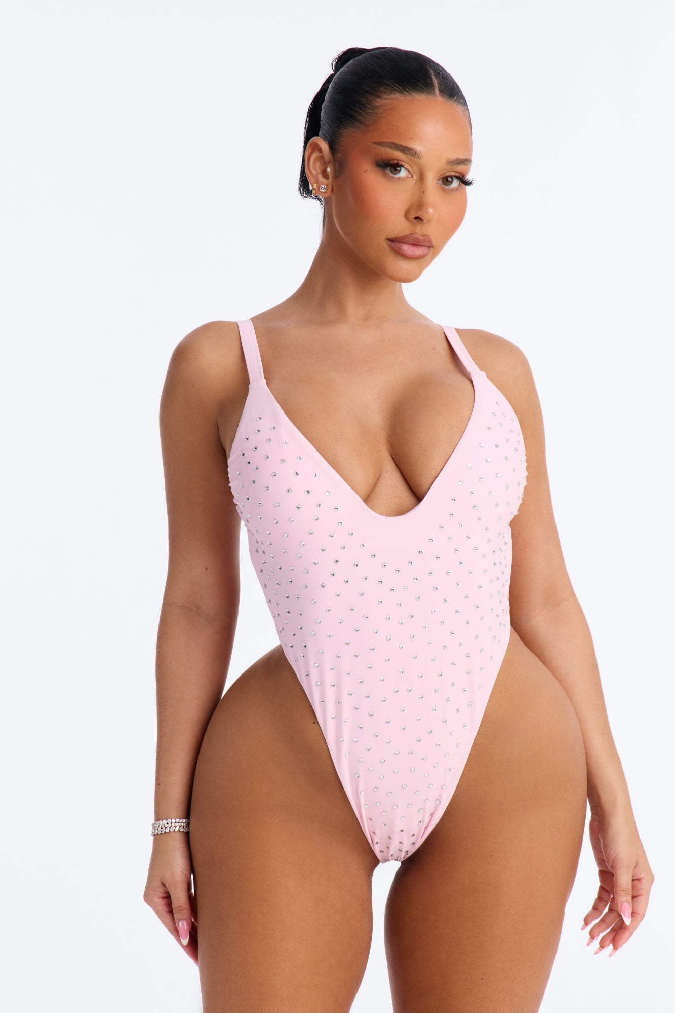 Luxe Heat Embellished Rhinestones High Cut 1 Piece Swimsuit - Pink image 1