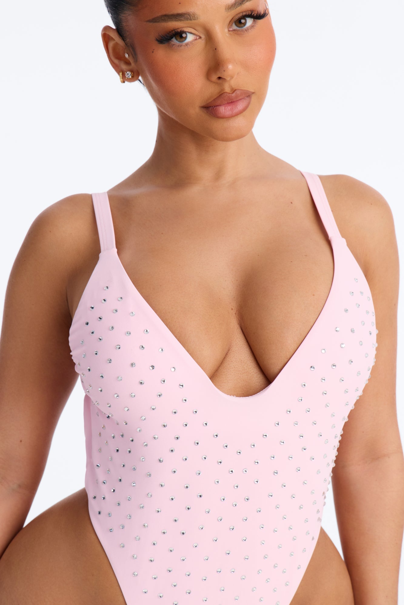 Luxe Heat Embellished Rhinestones High Cut 1 Piece Swimsuit - Pink image 2
