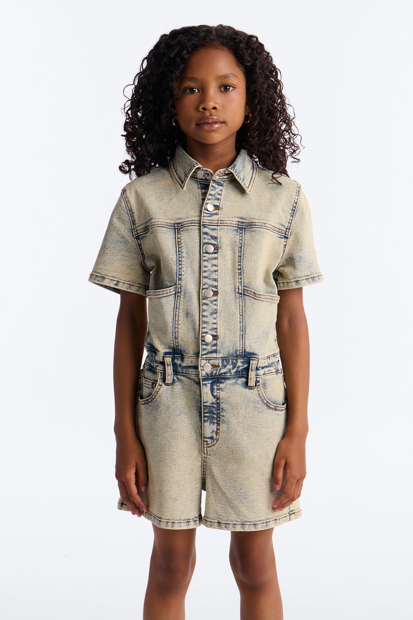 Mini Lucky Gal Vintage Wash Denim Romper - Light Wash image 2