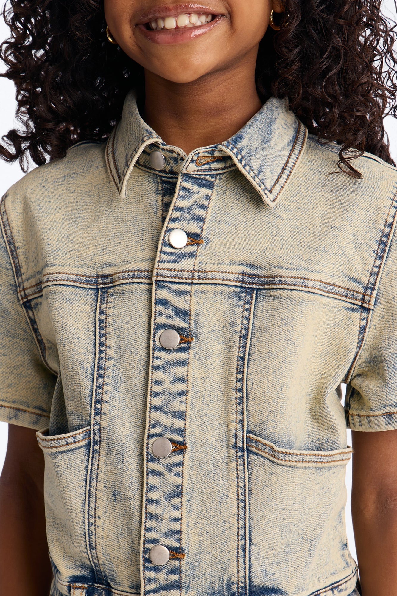 Mini Lucky Gal Vintage Wash Denim Romper - Light Wash image 4