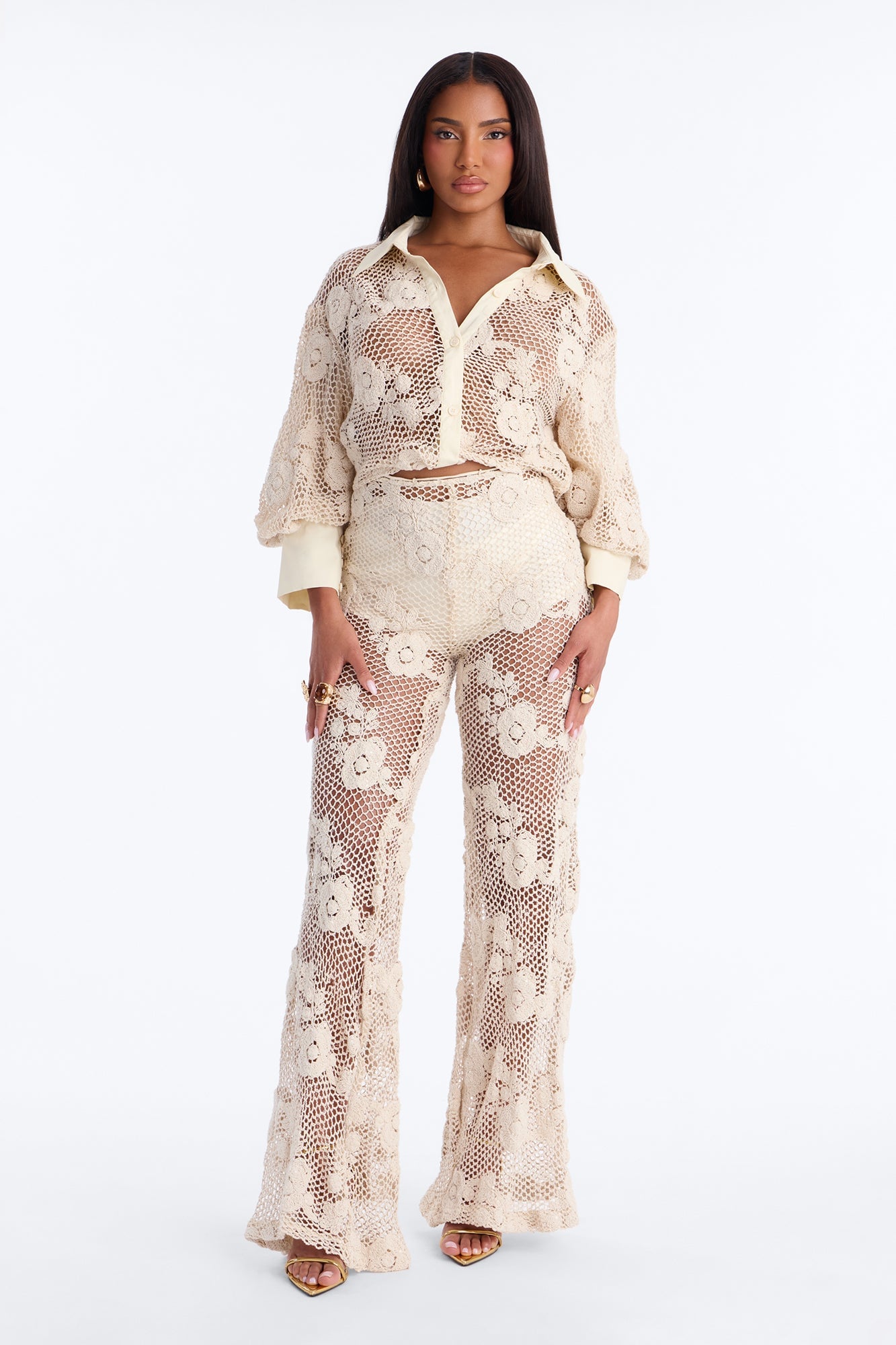 Iris Sequin Crochet 3 Piece Pant Set - Natural image 1