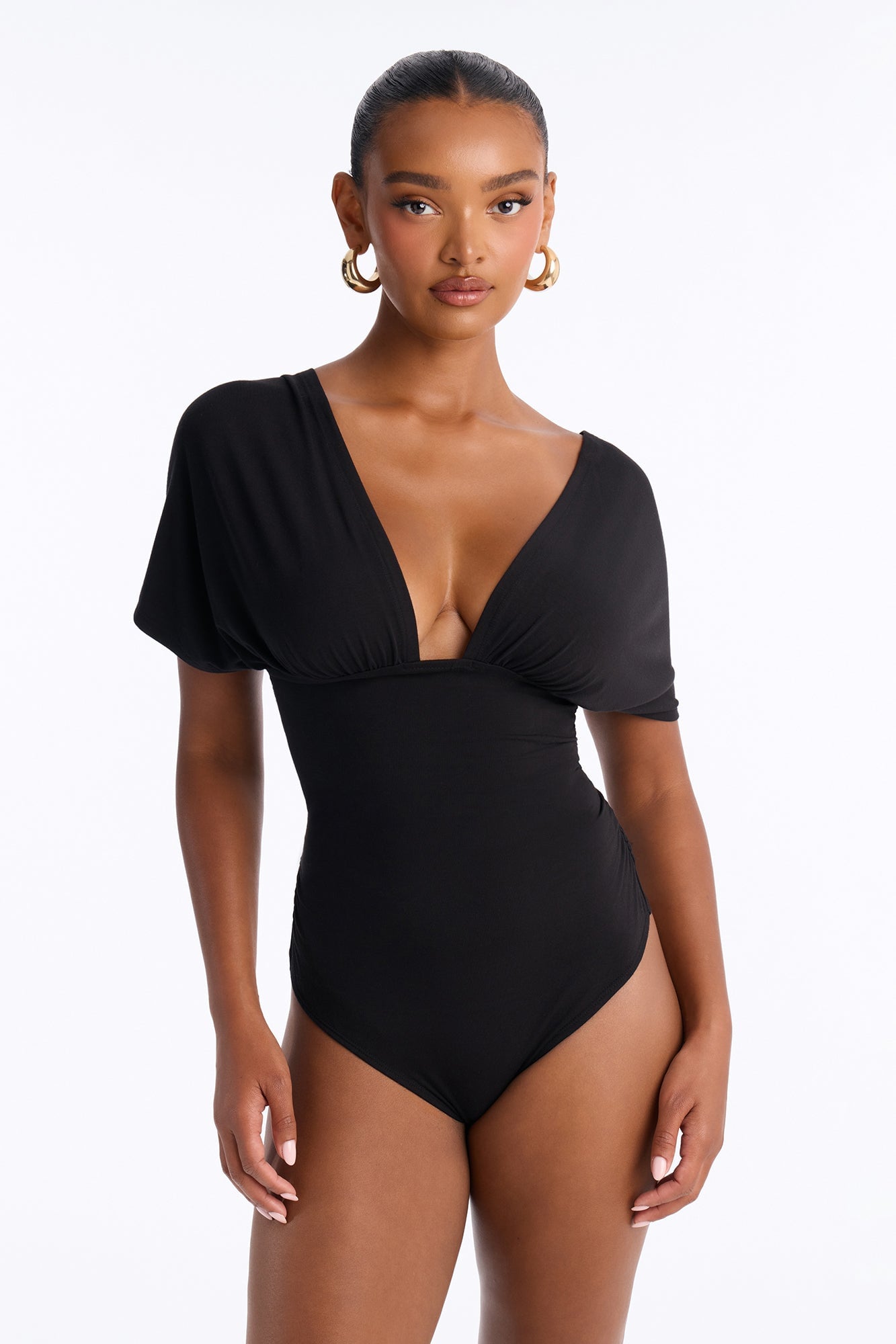 Sophie Ruched Short Sleeve V-Neck Bodysuit - Black image 8