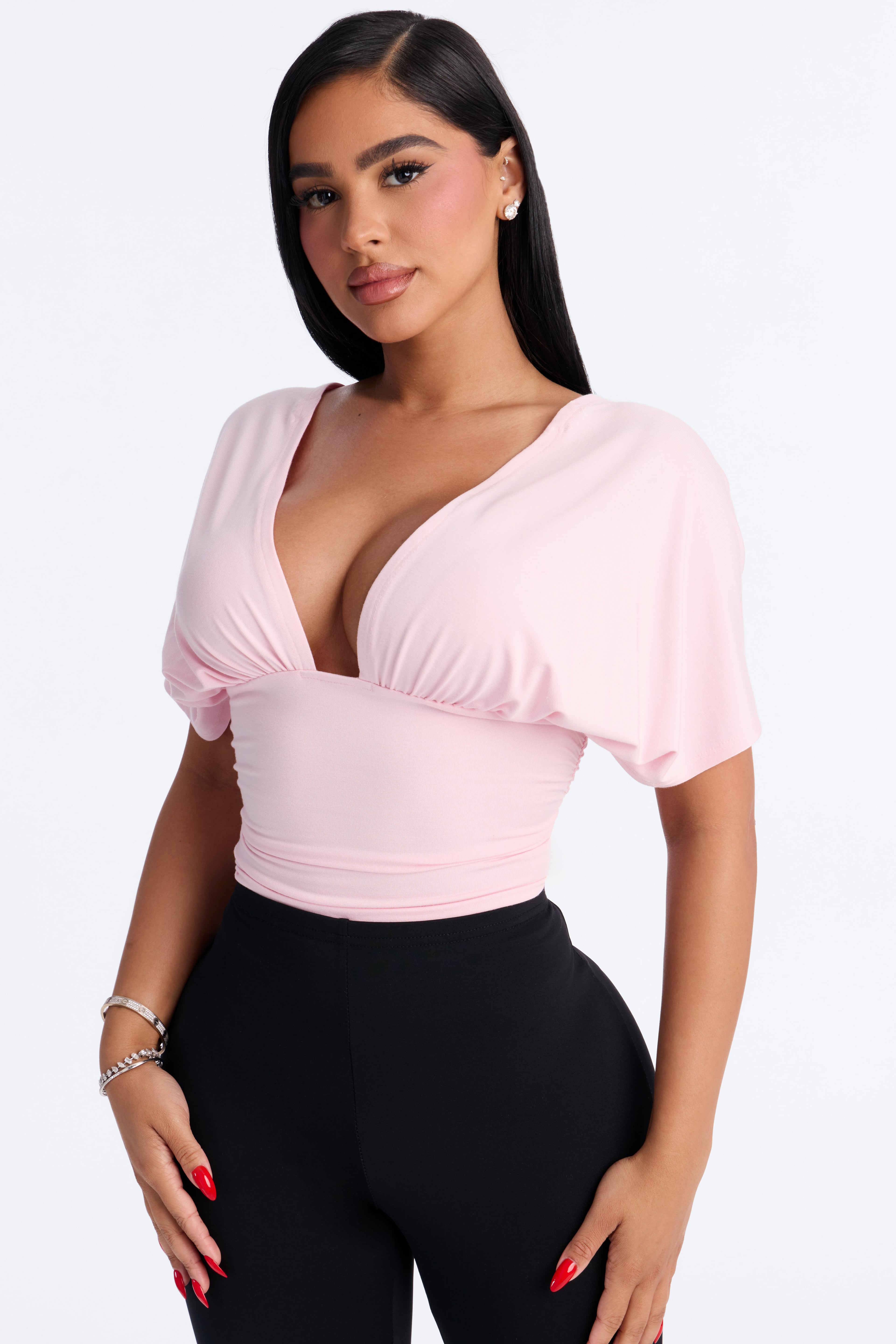 Sophie Ruched Short Sleeve V-Neck Bodysuit - Pink image 5