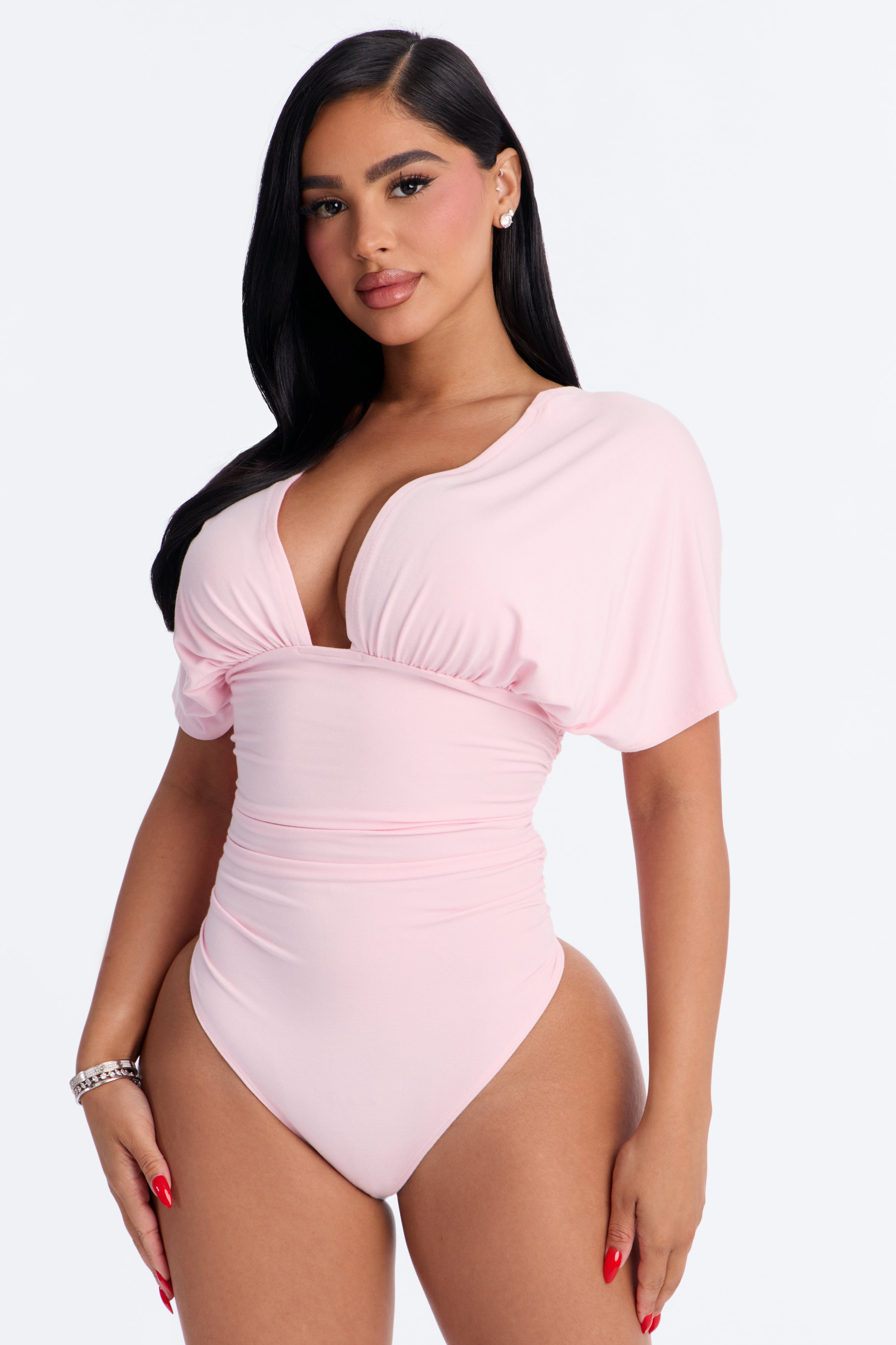 Sophie Ruched Short Sleeve V-Neck Bodysuit - Pink image 8