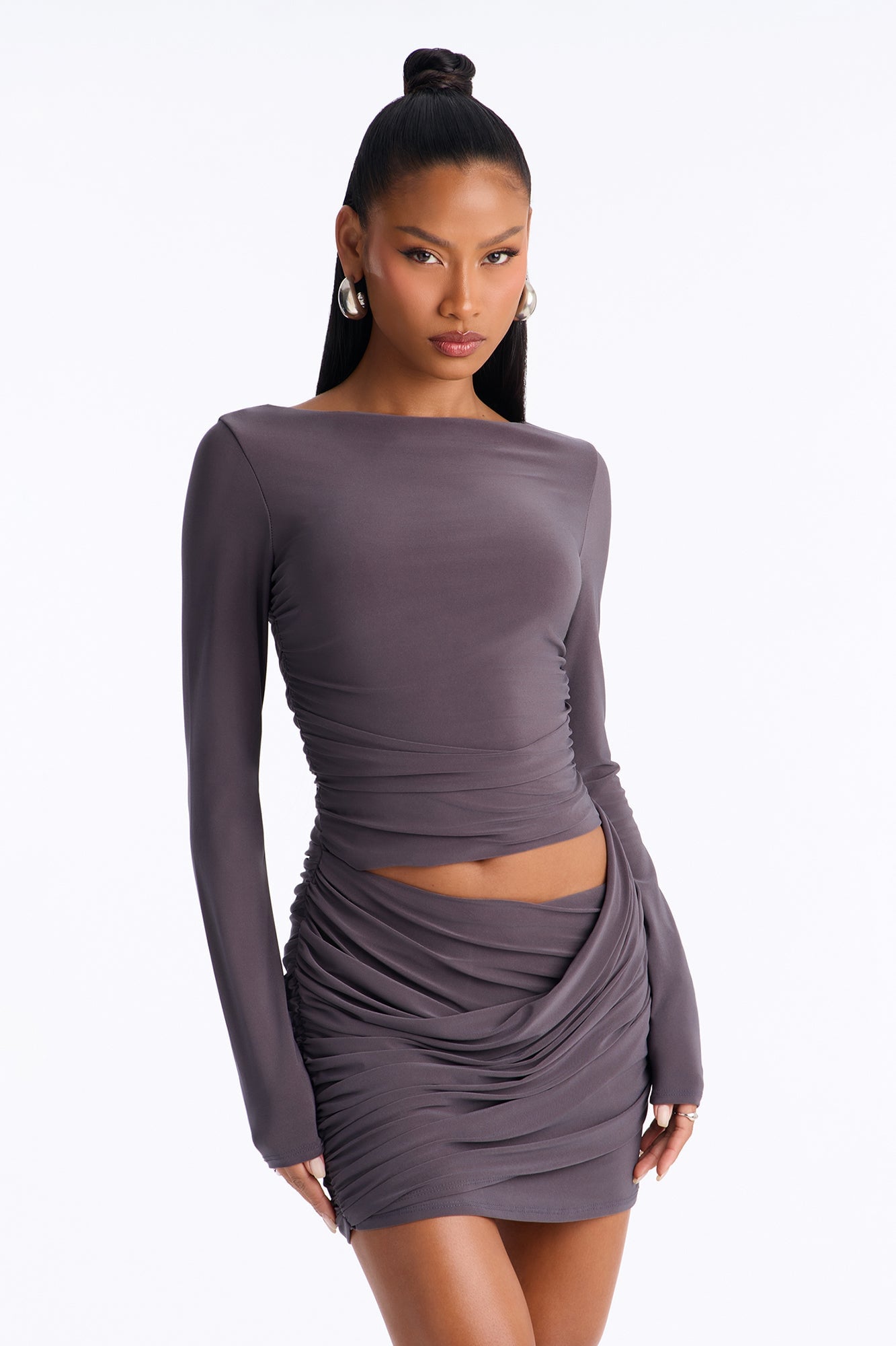 Kiss And Tell Long Sleeve Ruched Mini Dress - Charcoal image 1