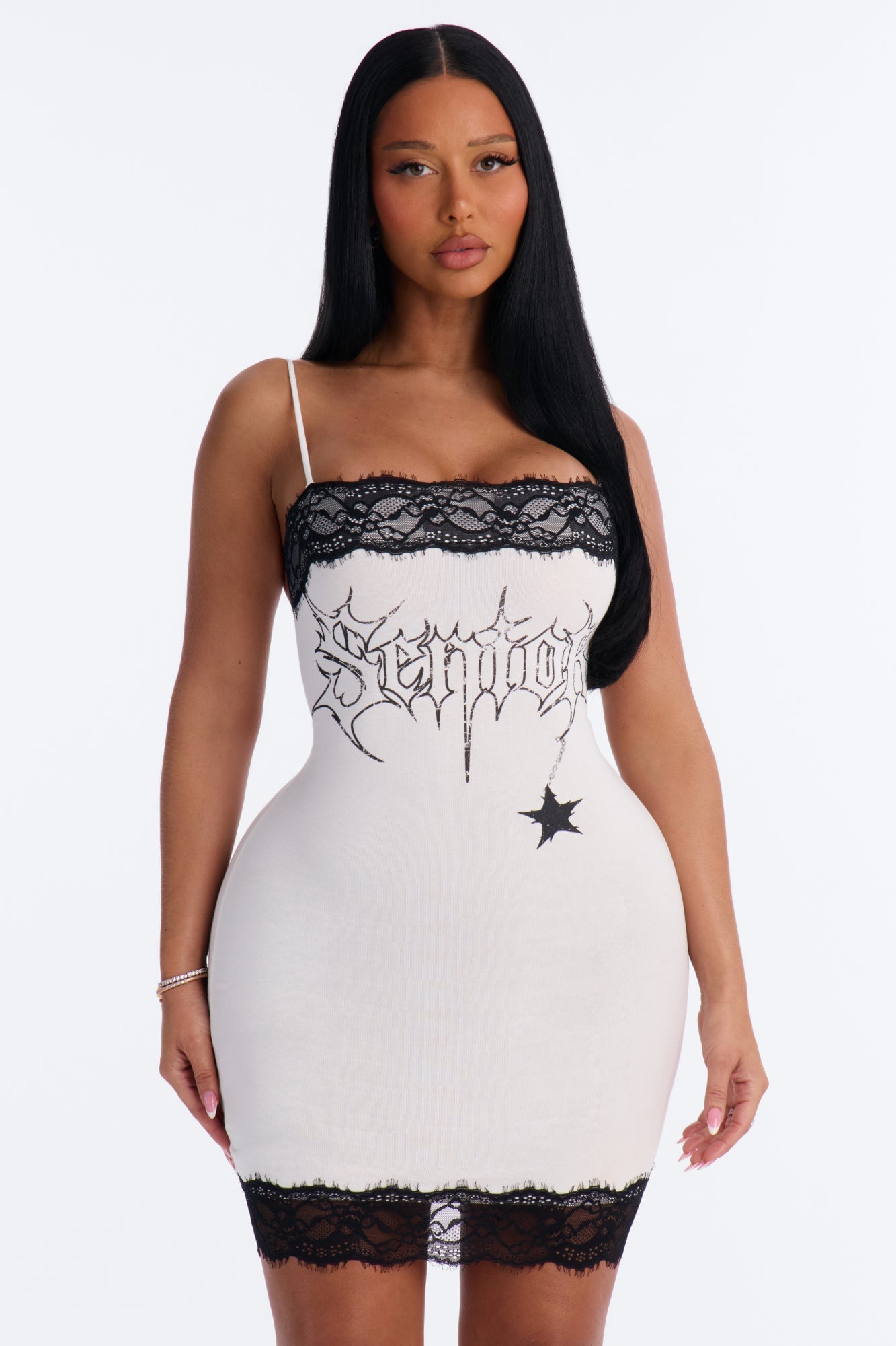 High Status Lace Trim Cotton Mini Dress - White/Black image 2