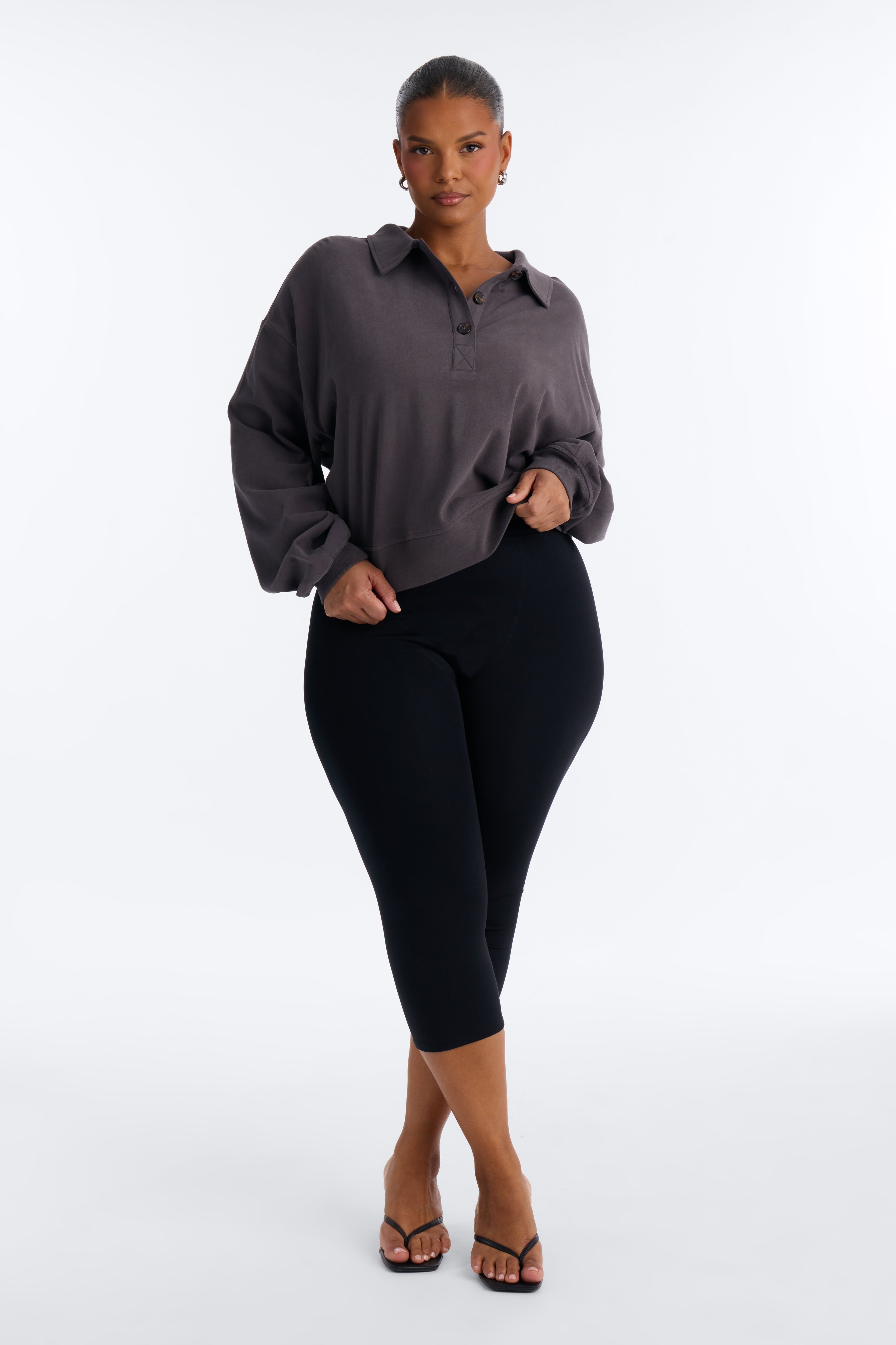 Alex Long Sleeve Button Up Polo Top - Charcoal image 2