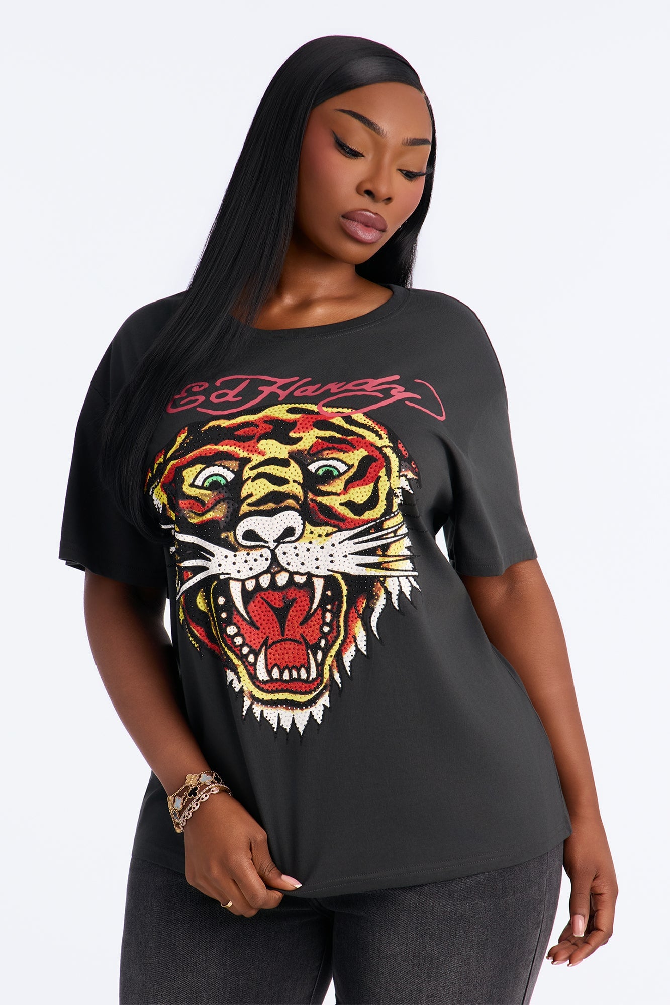 Ed Hardy Tiger Rhinestone Head - Charcoal image 1