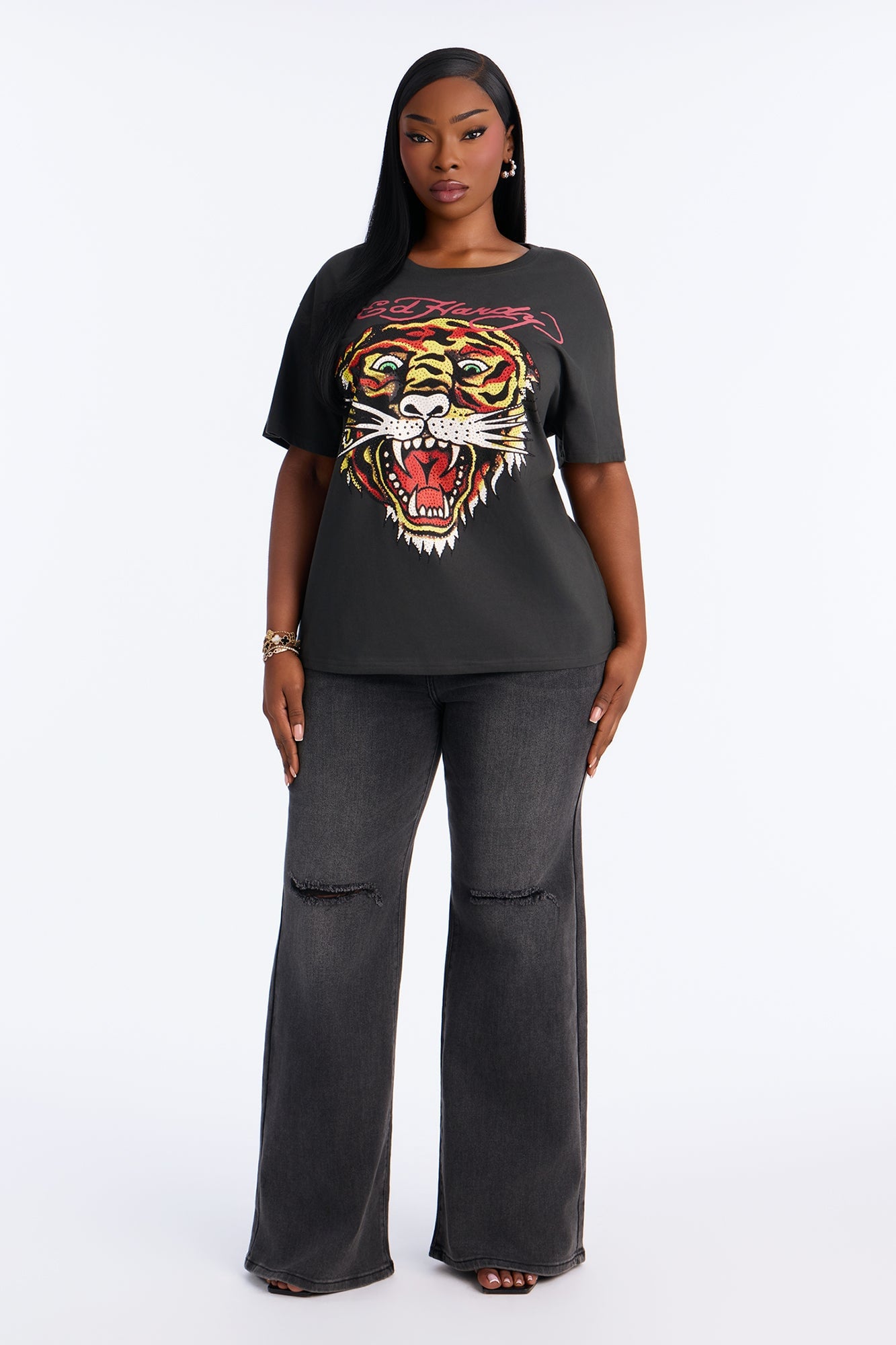 Ed Hardy Tiger Rhinestone Head - Charcoal image 2
