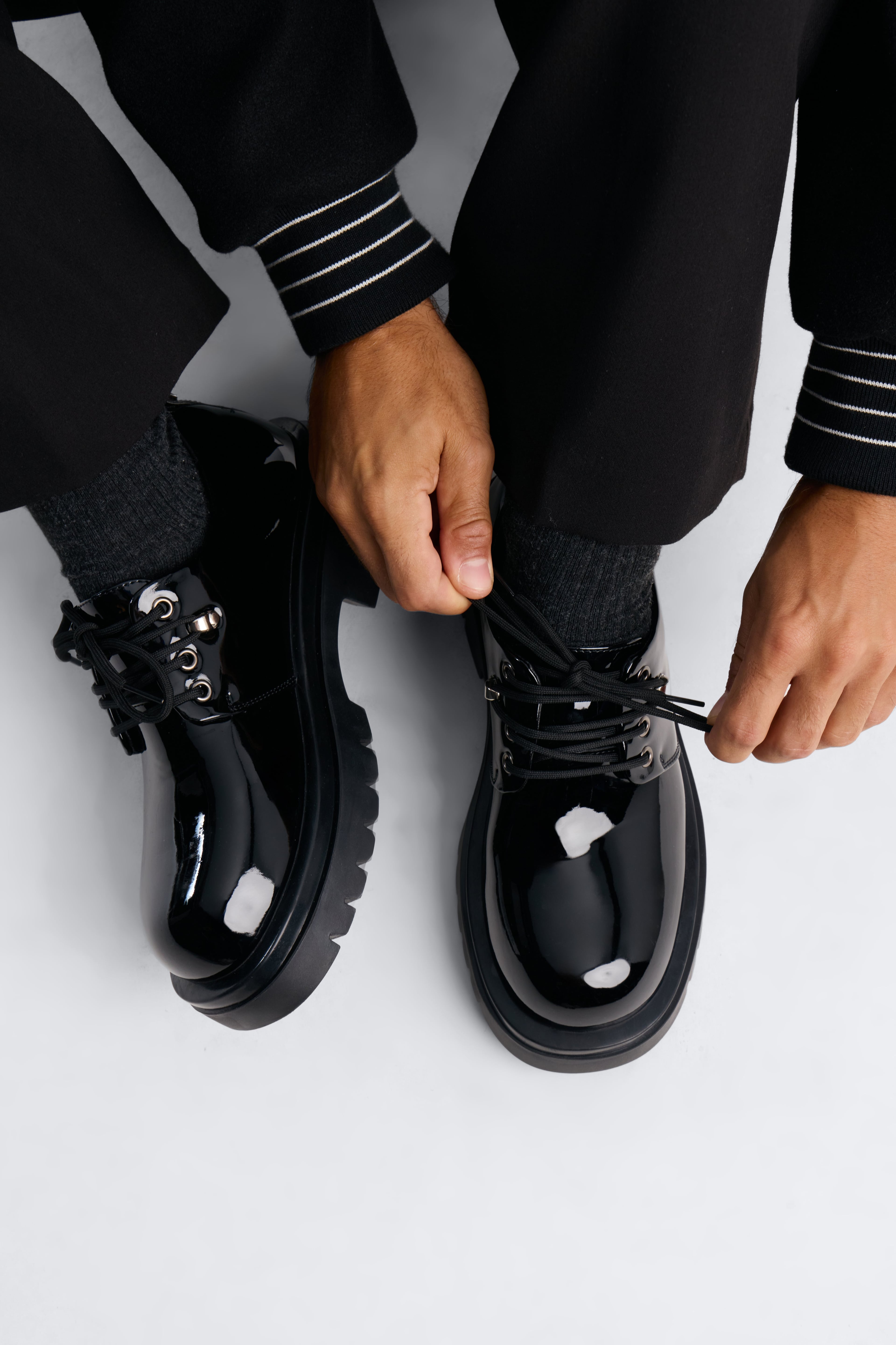 Faux Patent Leather Lace Up Oxford Shoes - Black image 1
