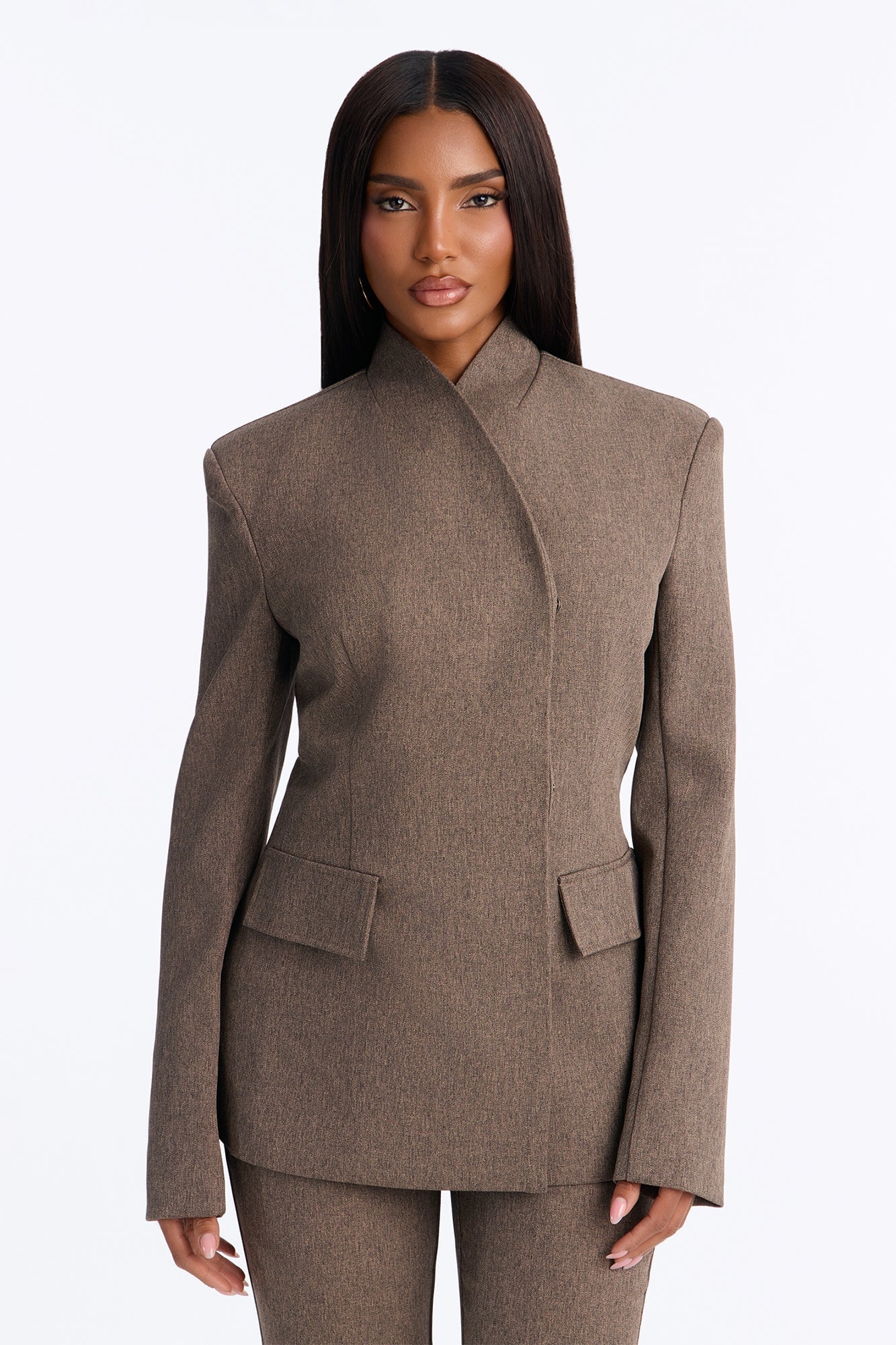 Perfectly Poised Stand Collar Crossover Blazer - Brown Combo image 5