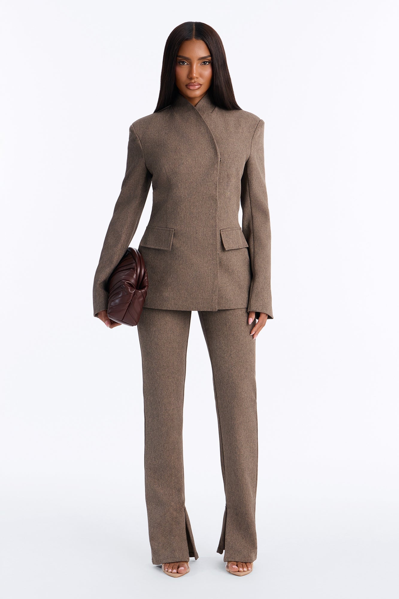 Perfectly Poised Stand Collar Crossover Blazer - Brown Combo image 6