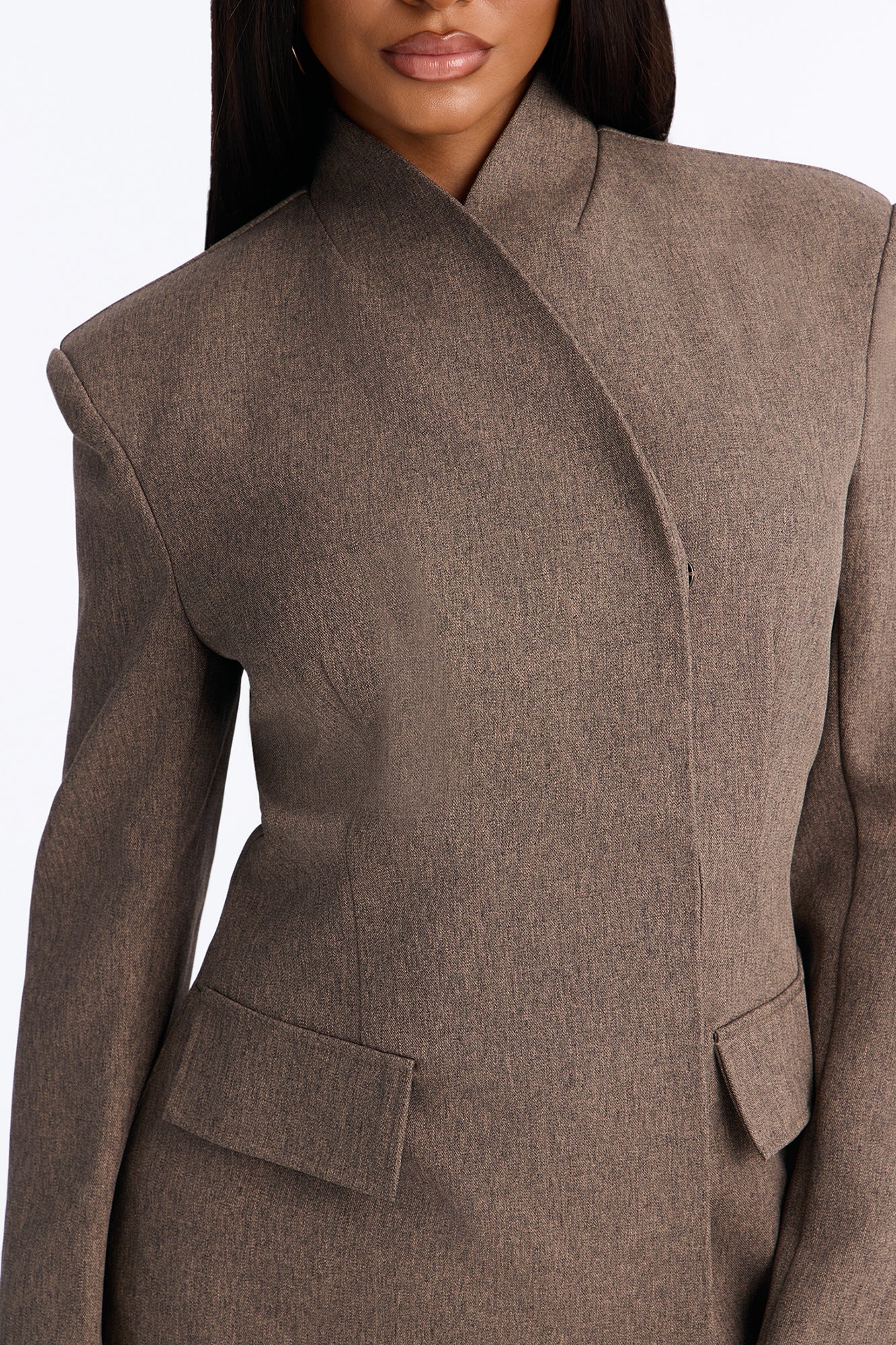 Perfectly Poised Stand Collar Crossover Blazer - Brown Combo image 7