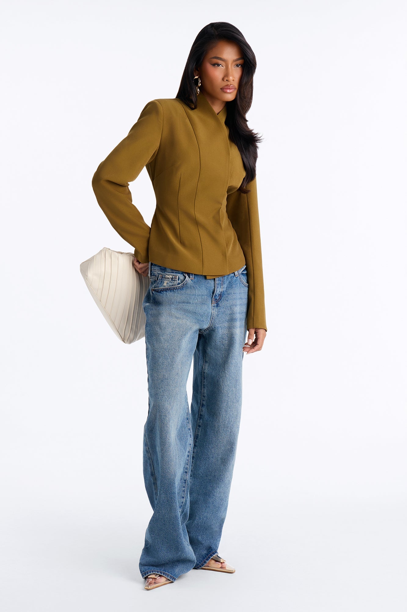 Angelina Fitted High Neck Single Breasted Blazer - Military Green image 6