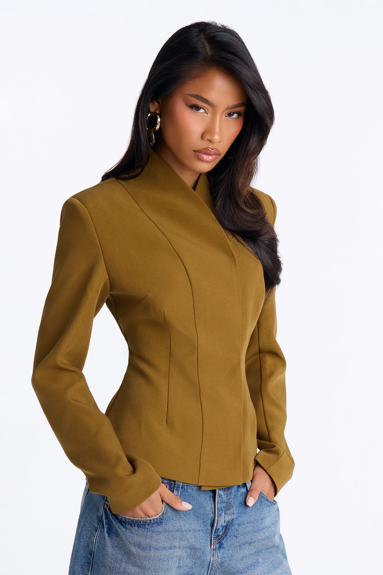 Angelina Fitted High Neck Single Breasted Blazer - Military Green image 5