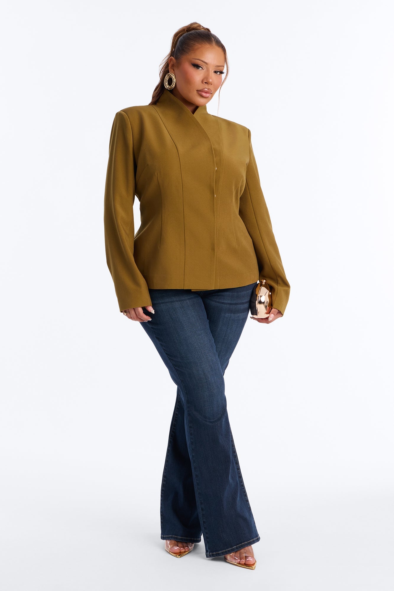 Angelina Fitted High Neck Single Breasted Blazer - Military Green image 1