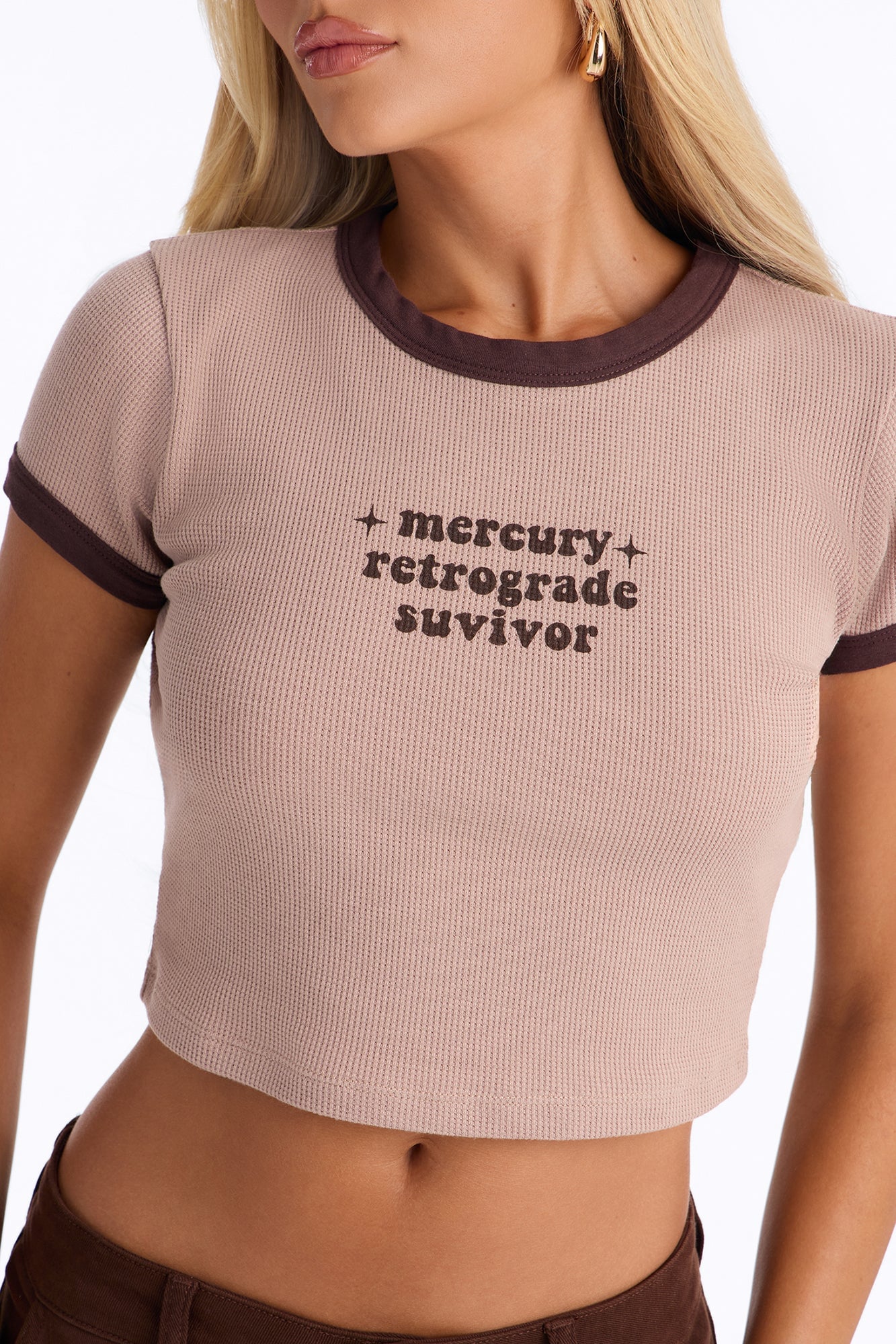 Mercury Retrograde Survivor Waffle Baby Tee - Taupe/combo image 4