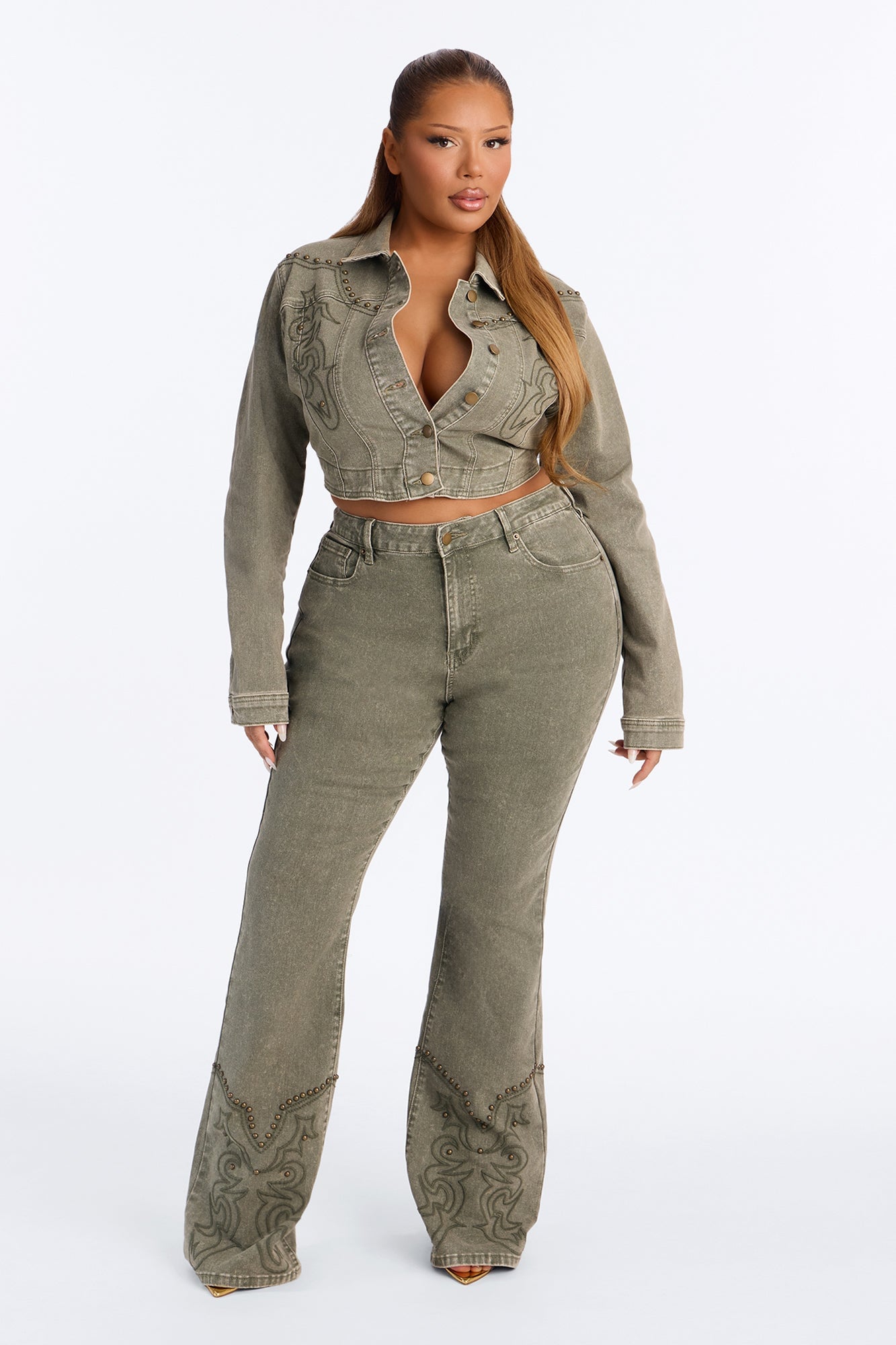 Letting It Ride Stretch Embellished Flare Jeans - Olive image 2