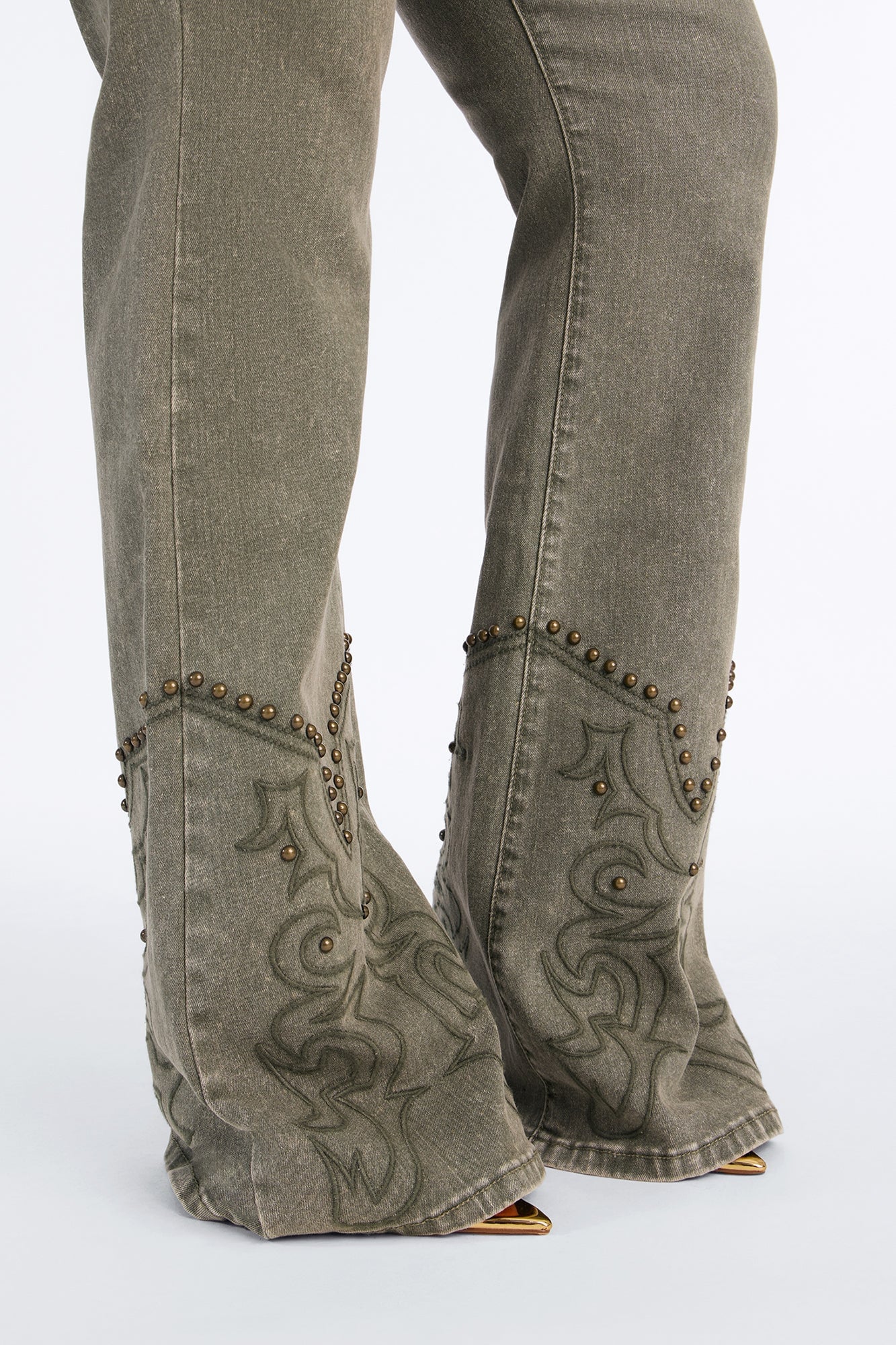 Letting It Ride Stretch Embellished Flare Jeans - Olive image 3