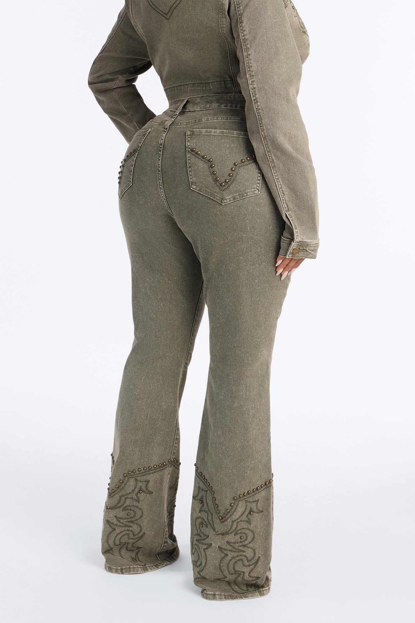 Letting It Ride Stretch Embellished Flare Jeans - Olive image 4