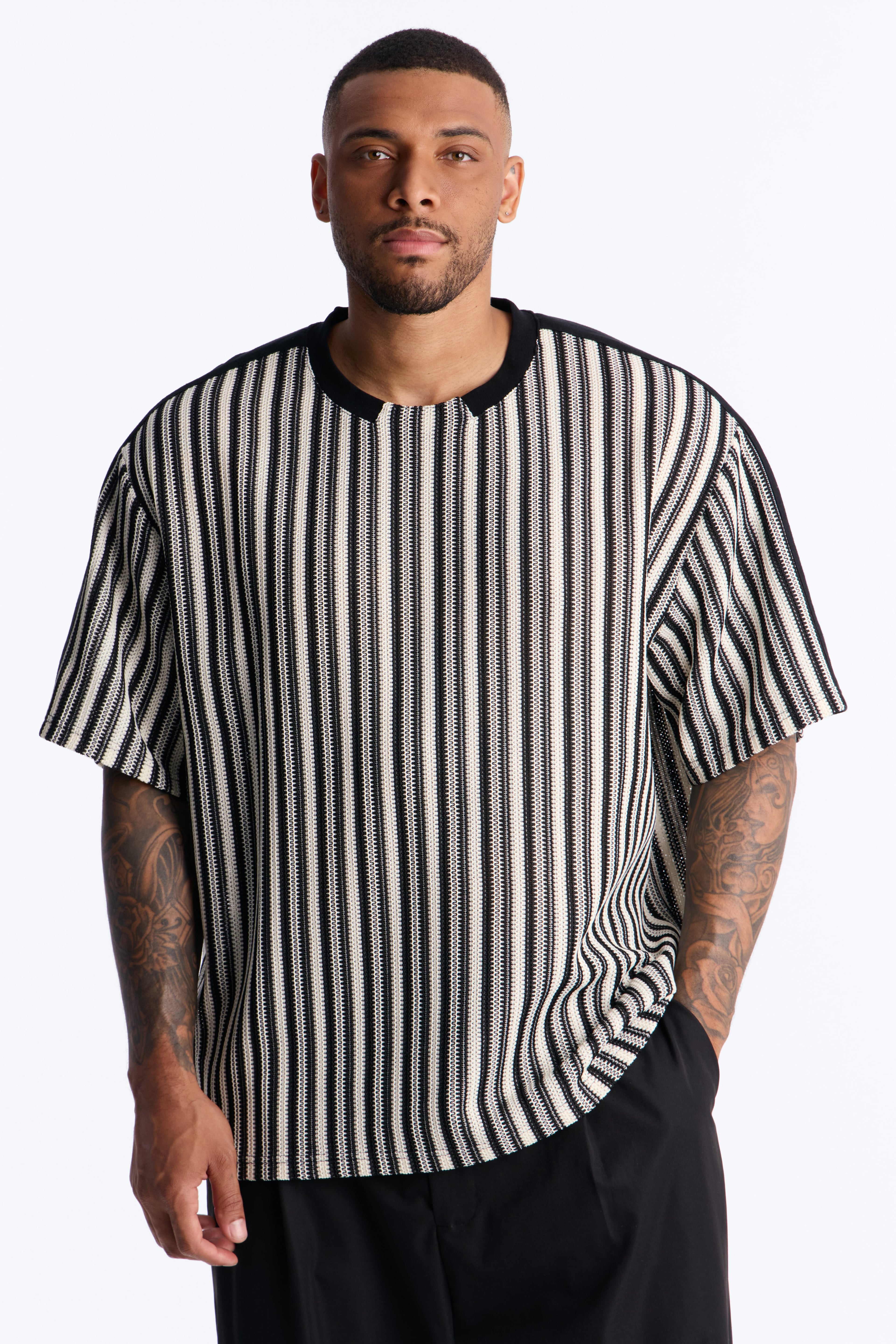 Ribbed Column Relaxed Crewneck Tee - Black/combo image 1