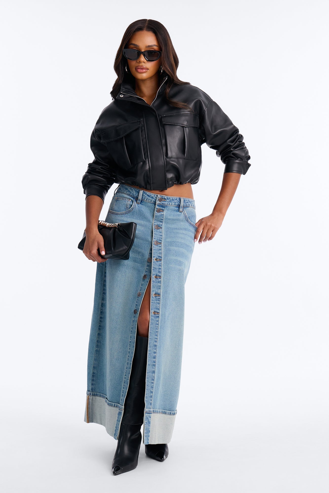 Loulou Mid Rise Denim Cuffed Hem Ankle Maxi Skirt - Vintage Wash image 5