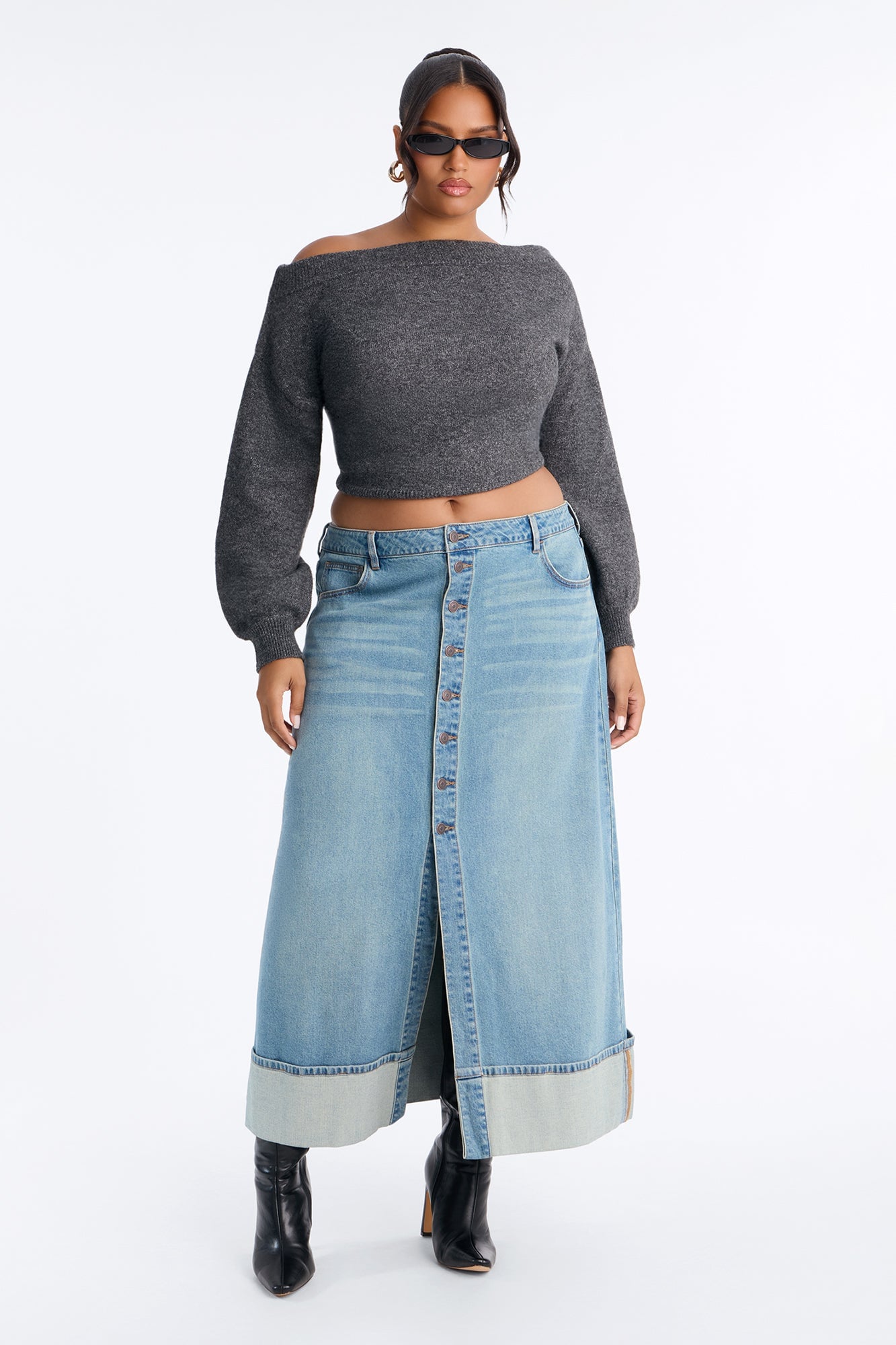 Loulou Mid Rise Denim Cuffed Hem Ankle Maxi Skirt - Vintage Wash image 2
