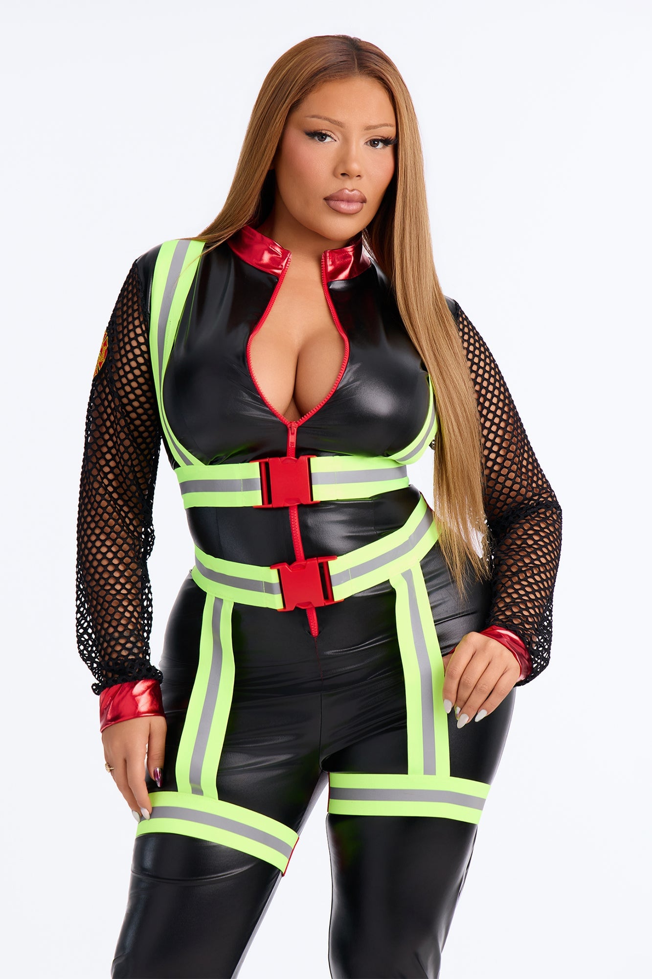 Smoking Hot Firefighter Jumpsuit 3 Piece Costume Set - Black image 2
