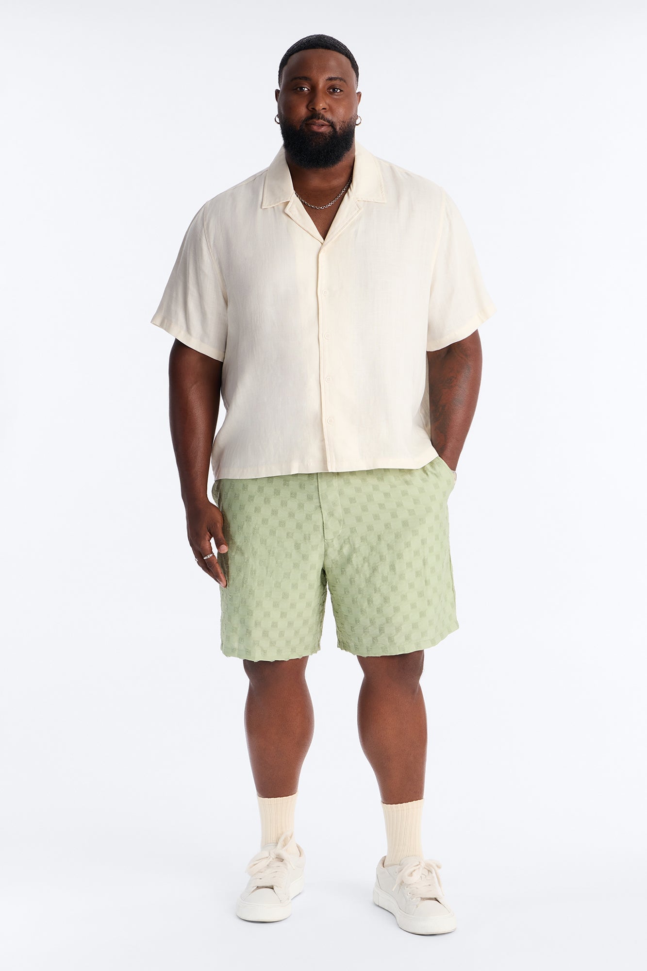 Hazy Textured Checkered Relaxed Short - Sage image 2