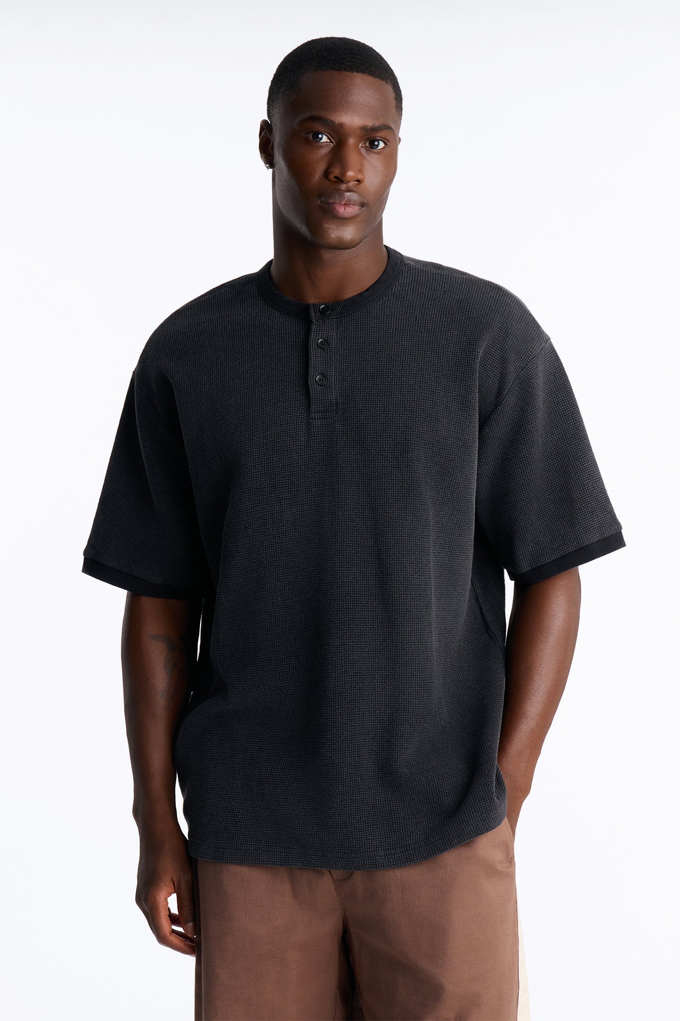 Classic Waffle Henley Tee - Black image 5