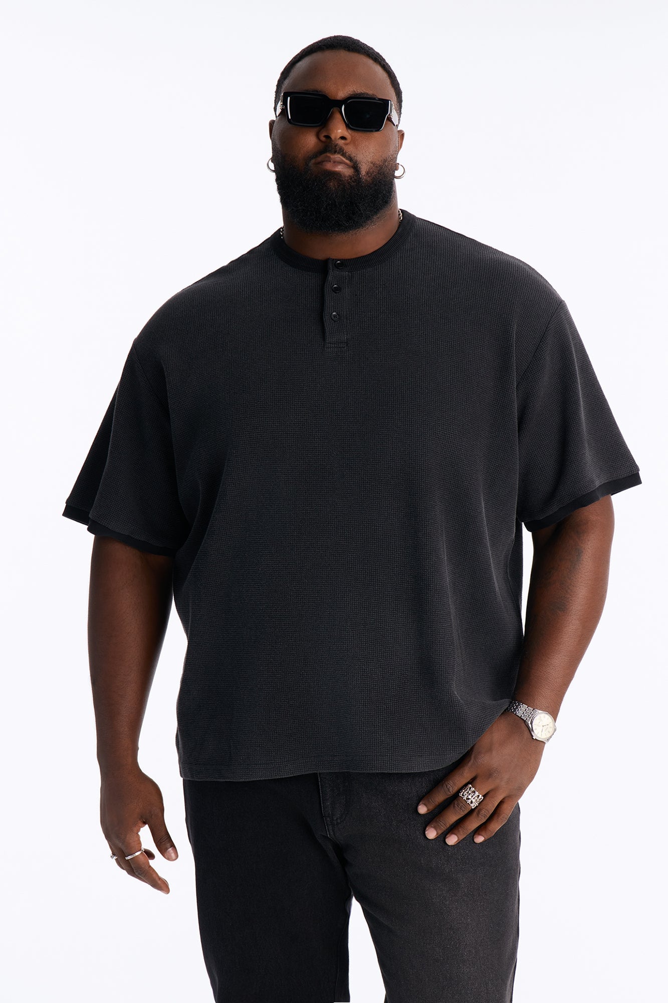Classic Waffle Henley Tee - Black image 1