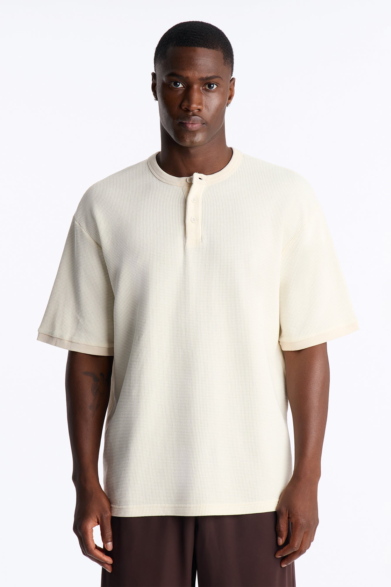 Classic Waffle Henley Tee - Cream image 5