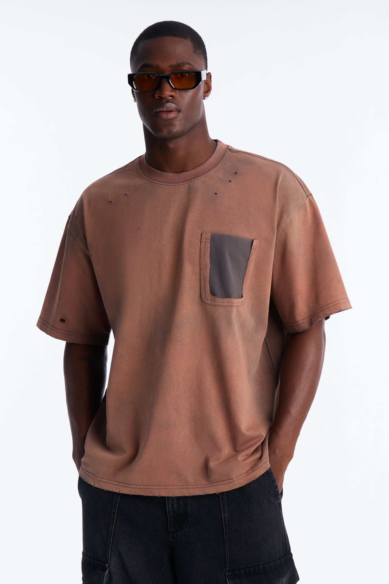 Inverse Pocket Wash Destructed Tee - Washed Brown image 5