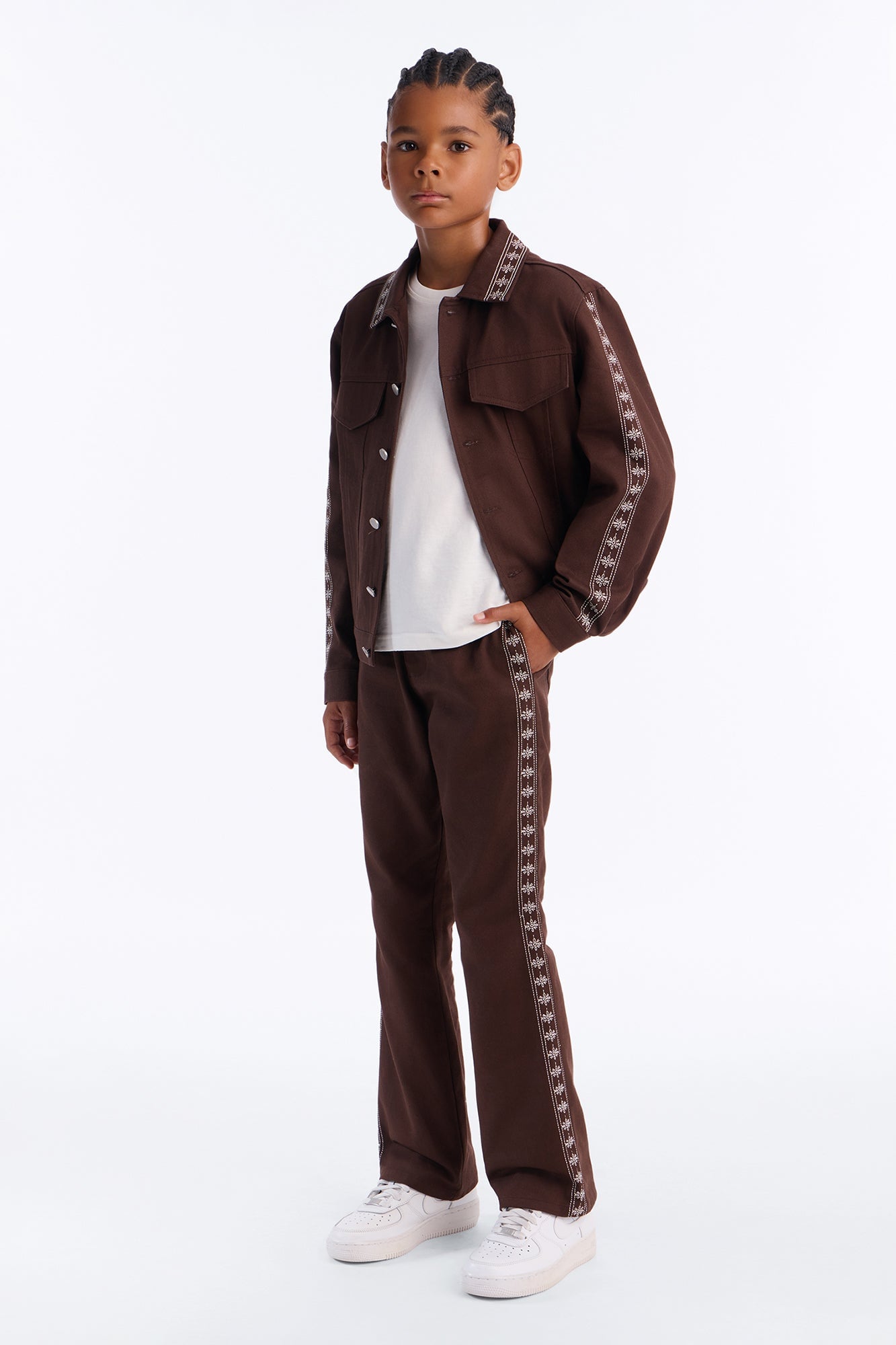 Mini Stacked Slim Flare On A Loop Embroidered Stitch Pant - Brown image 1