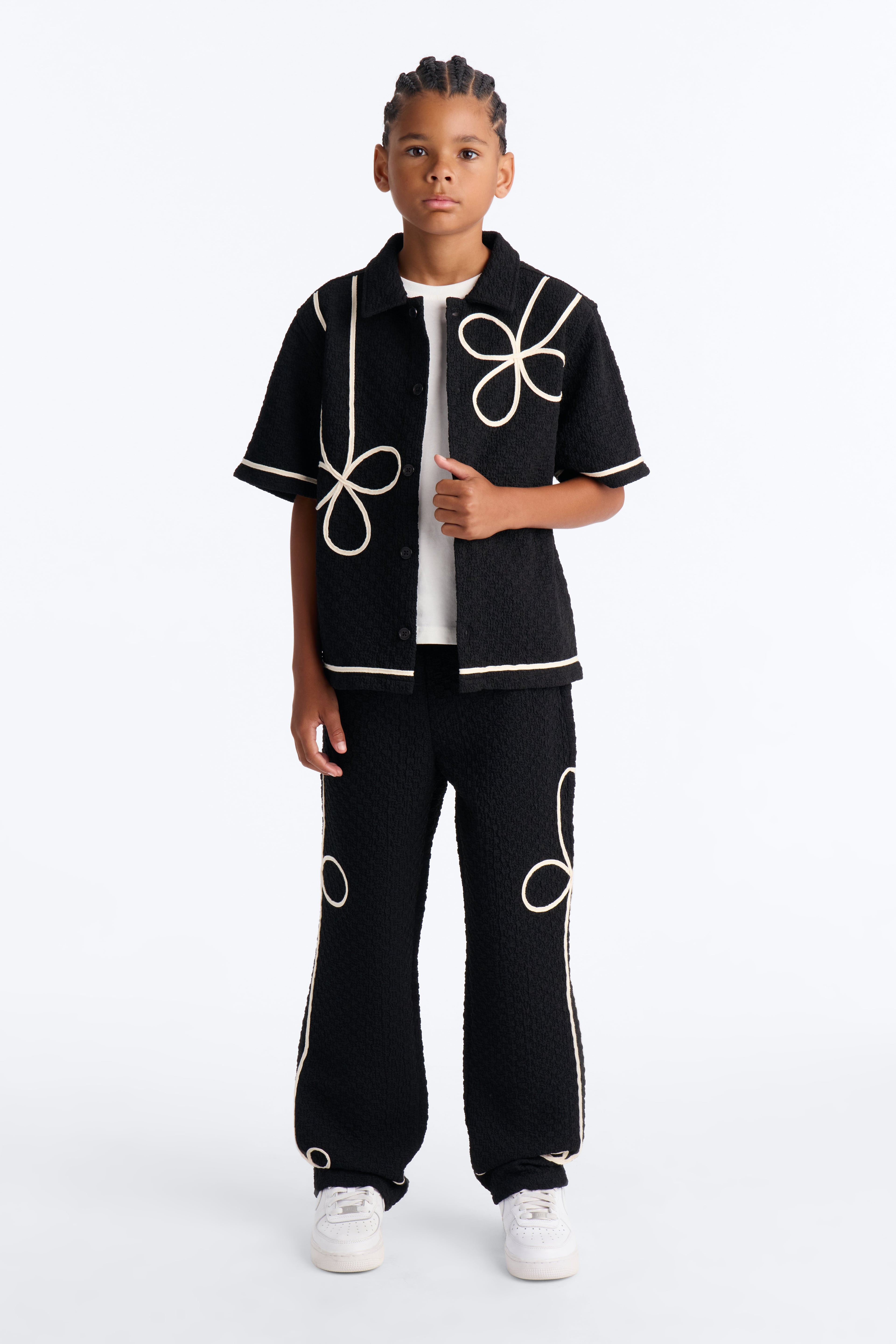 Mini Boxy Soho Weave Applique Textured Button Up Shirt - Black image 2