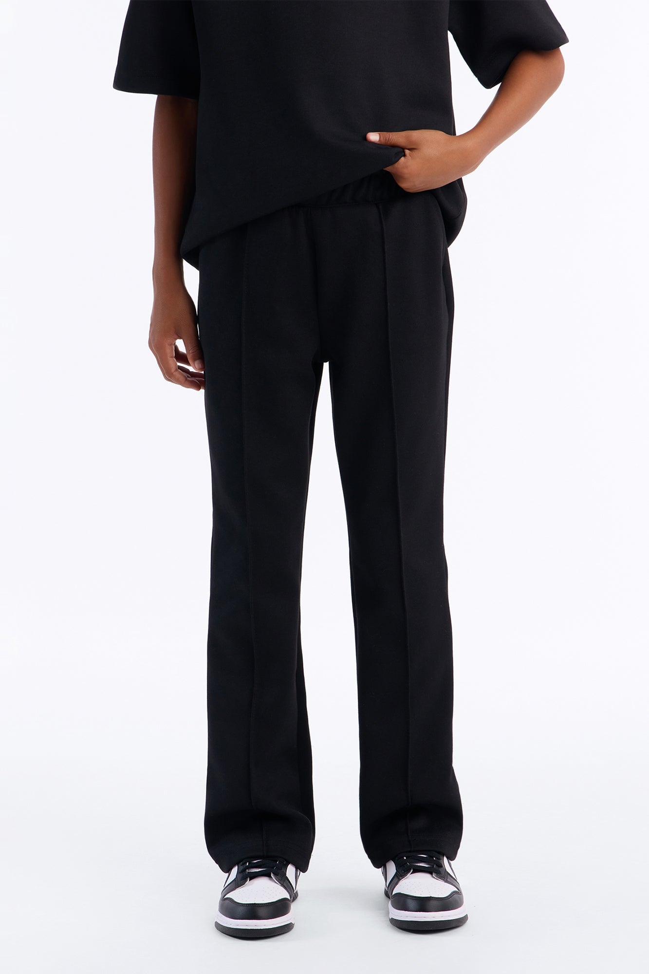 Mini Structured Fleece Pintuck Slim Flare Sweatpants - Black image 2