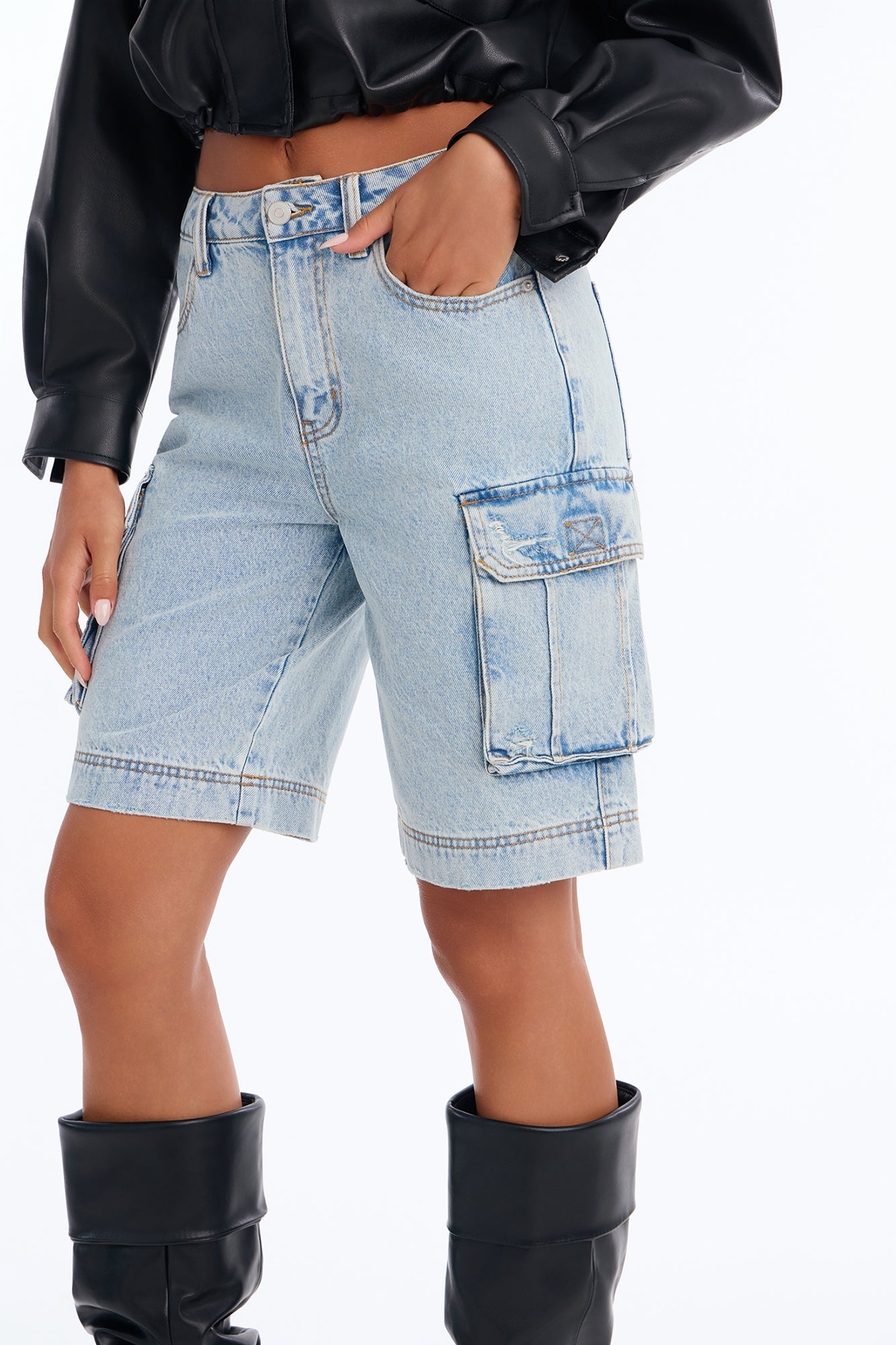 In High Demand Non Stretch Cargo Bermuda Shorts - Light Wash image 7