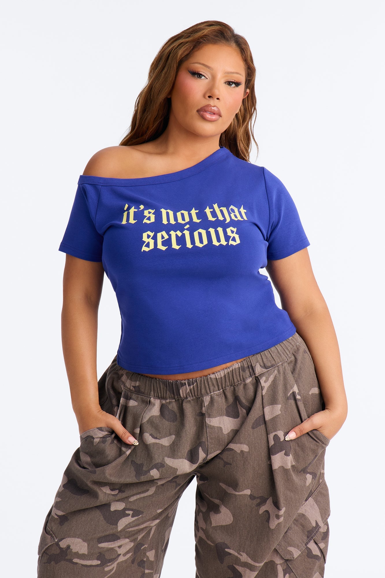 It's Not That Serious Off Shoulder Top - Navy image 2