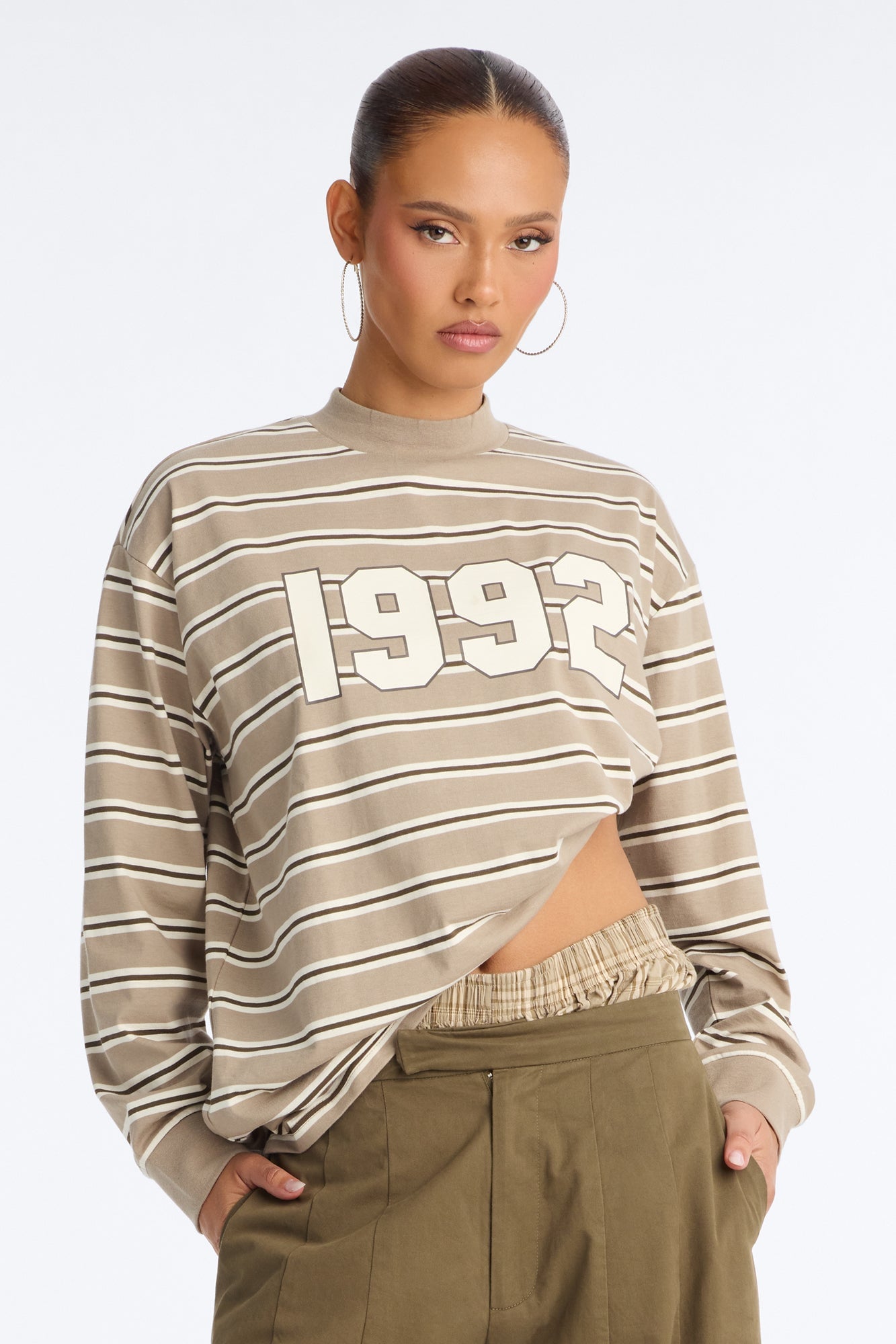 90's Vibe Striped Mock Neck Tee - Sand image 5