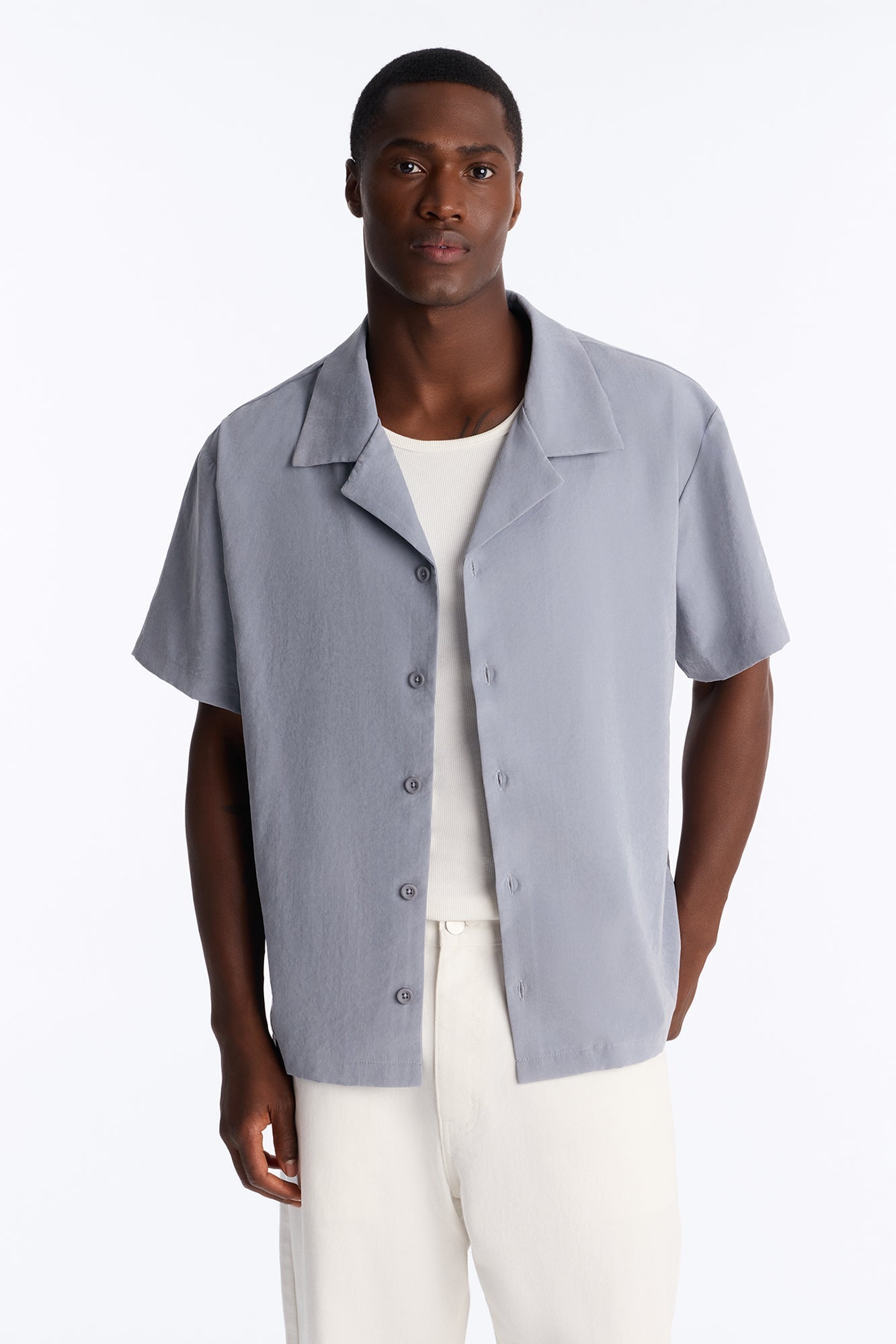 Neo Faux Suede Relaxed Cuban Collar Shirt - Slate Blue image 6