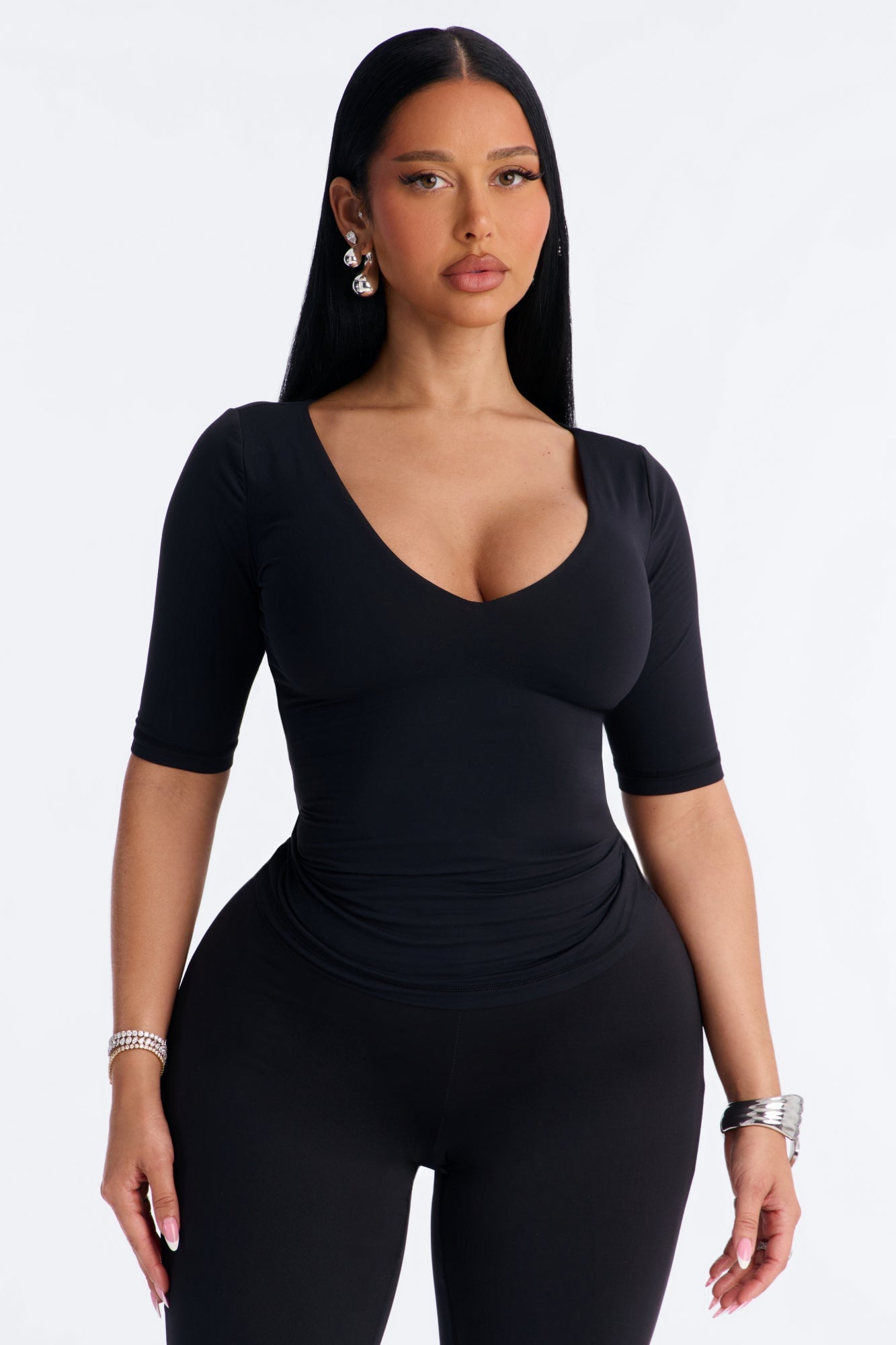 Second Skin Deep U Neck Elbow Sleeve Top - Black image 5