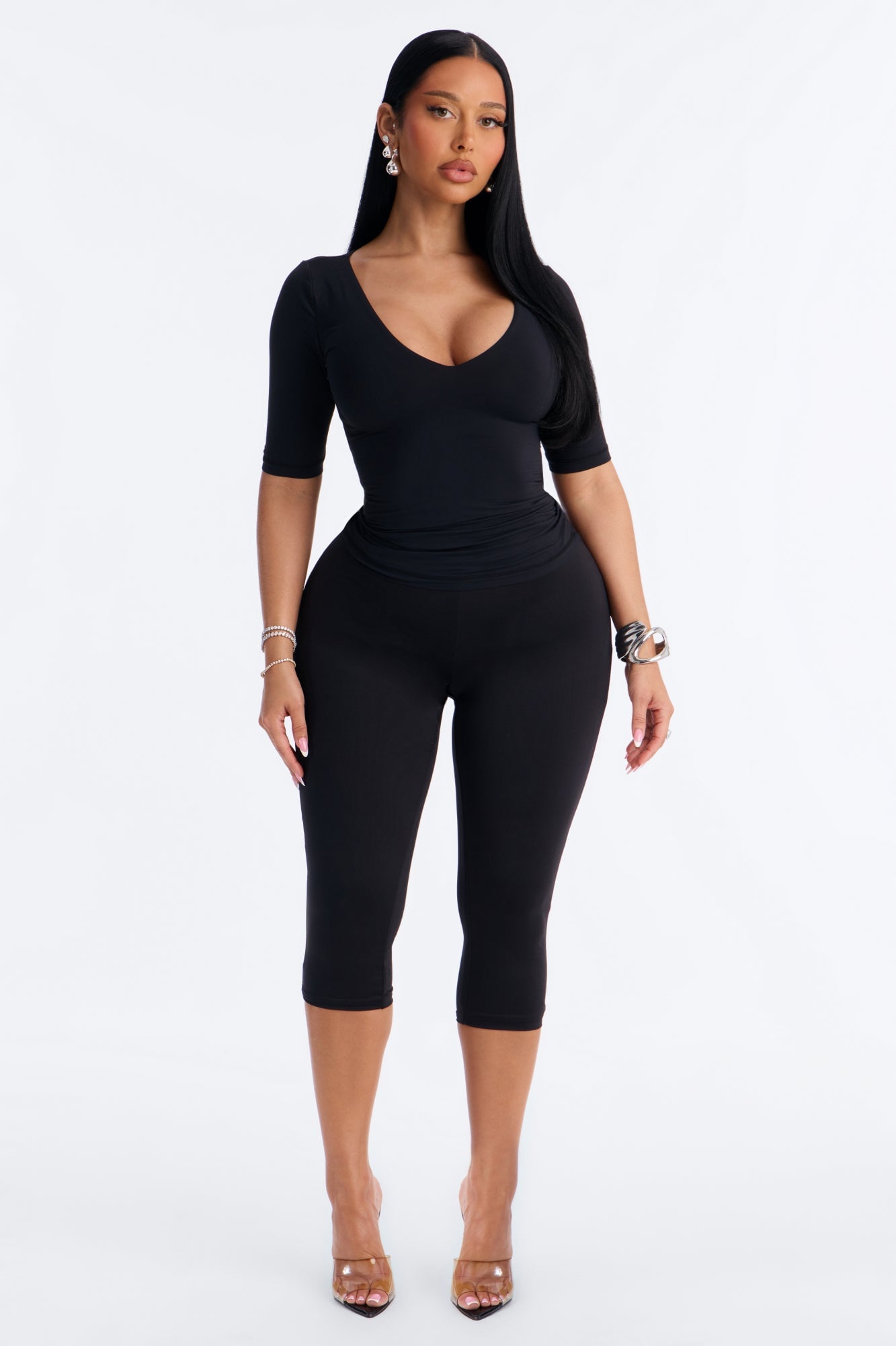 Second Skin Deep U Neck Elbow Sleeve Top - Black image 6