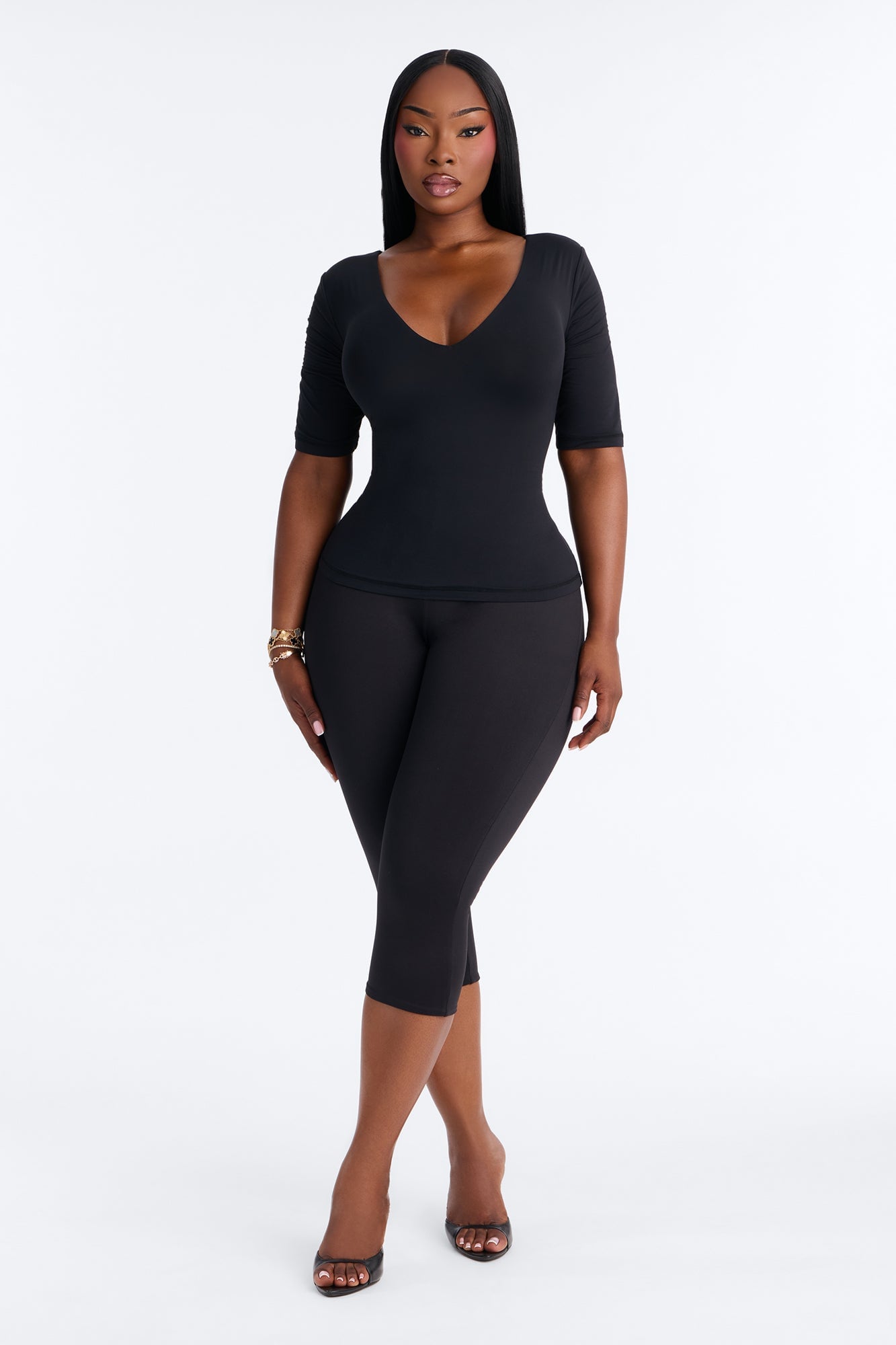Second Skin Deep U Neck Elbow Sleeve Top - Black image 2