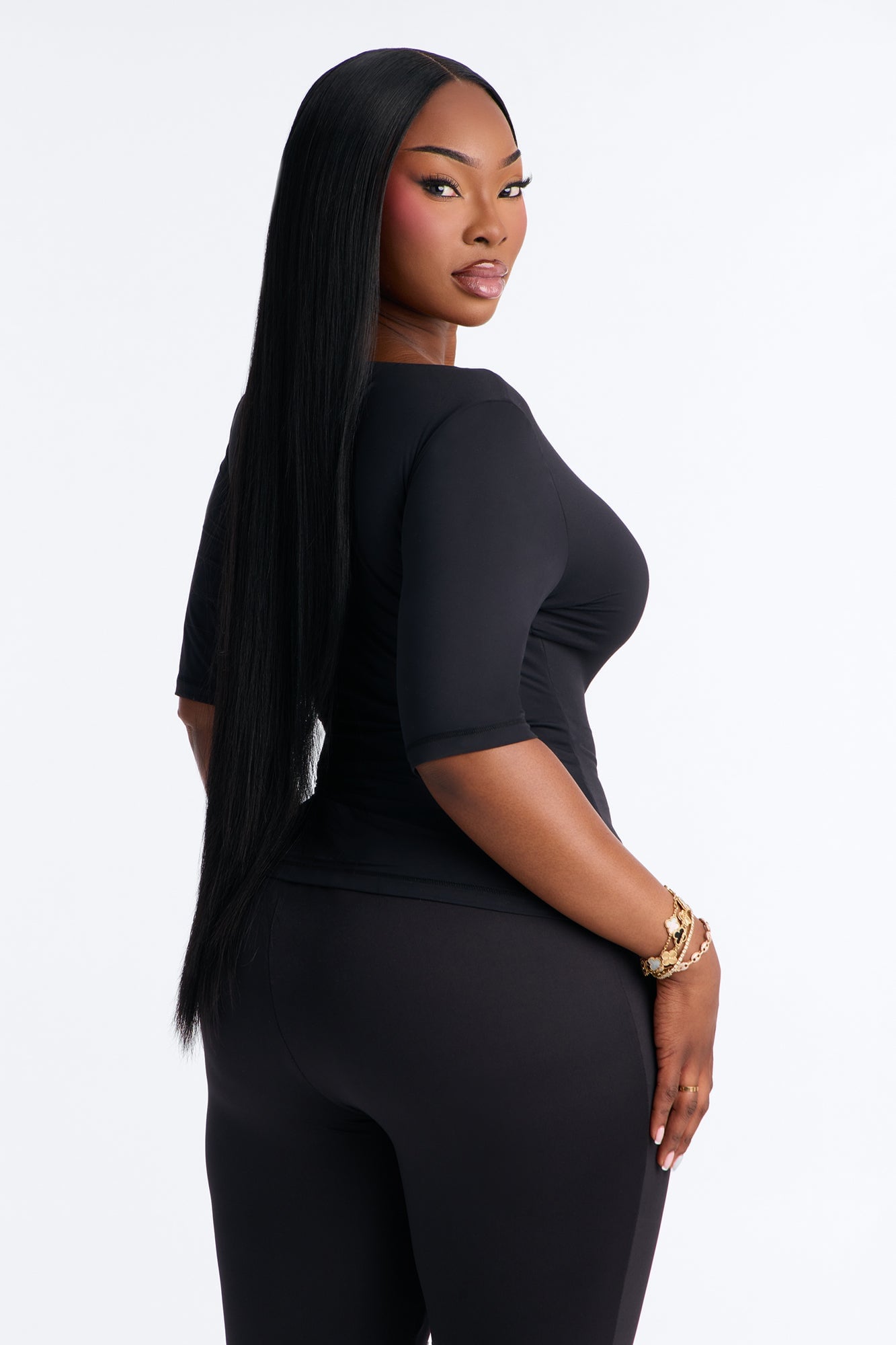 Second Skin Deep U Neck Elbow Sleeve Top - Black image 3